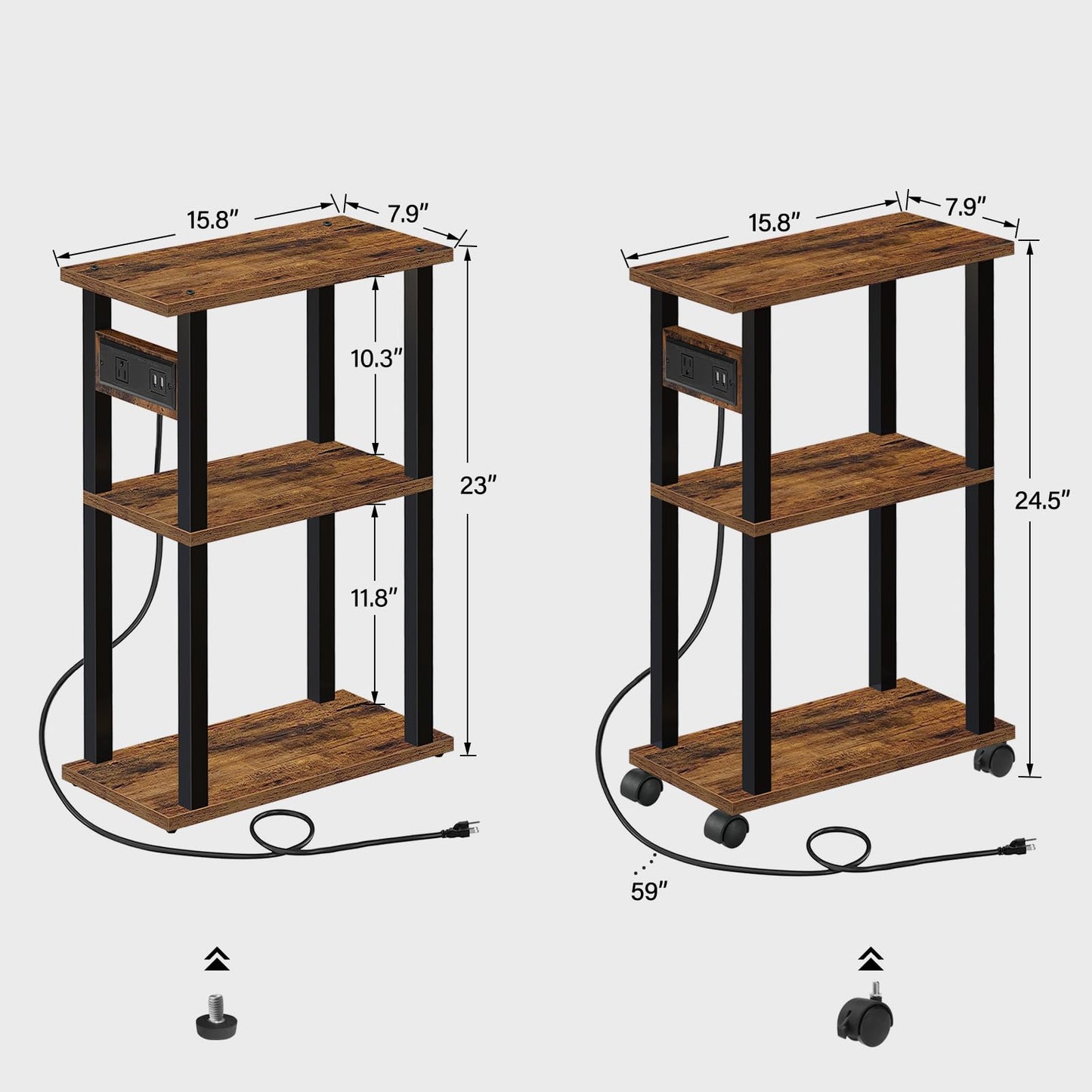 TUTOTAK Small Narrow Side Table with Charging Station, Set of 2 Skinny End Table for Small Spaces, Slim Nightstand with USB Ports and Outlet,Sofa Beside Table with Wheels, Brown TB01BB047