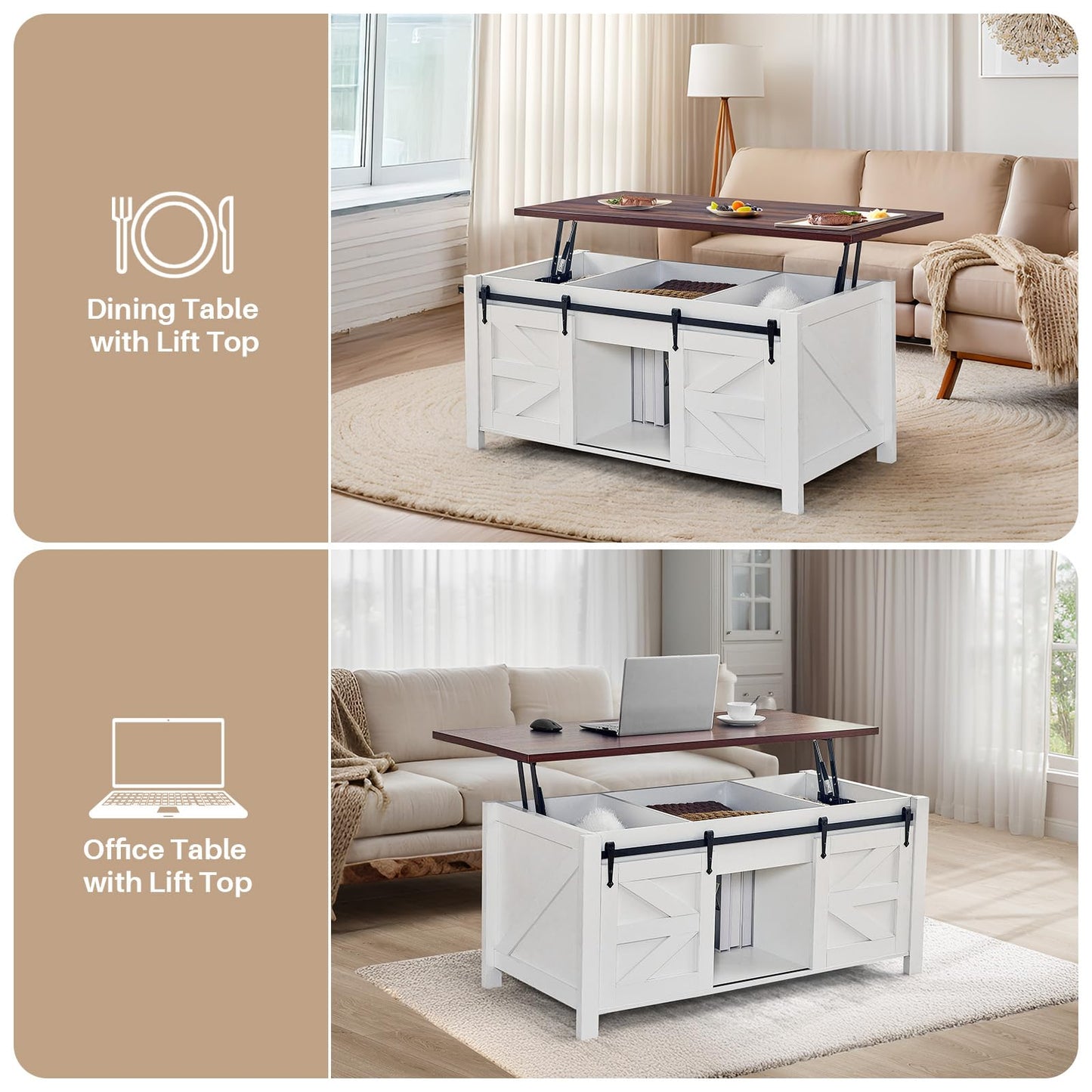 Redlife Lift Top Coffee Table with Storage, 47" Farmhouse Coffee Tables with Sliding Barn Door and Hidden Storage Space, 4 in 1 Multi-Function Square Coffee Table for Living Room, Office, White
