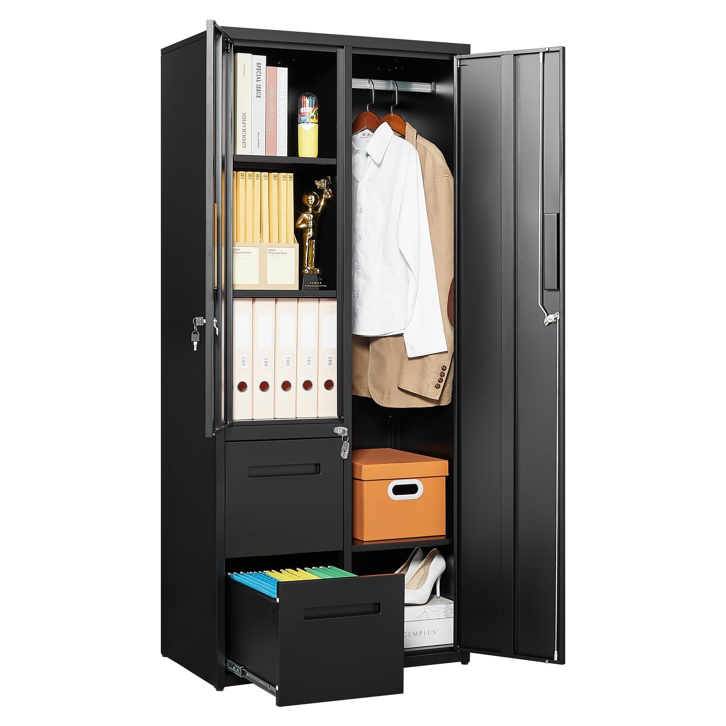 Anxxsu Metal Storage Cabinets Locker, 67" Locker with Clothes Rod, Lockable Freestanding Wardrobe for Office, Home, School, Laundry Room, Gym (Black)