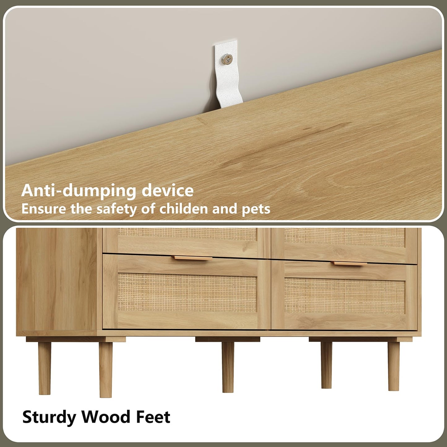 Furniouse 6 Drawer Rattan Dresser for Bedroom Wood Boho Dressers with Solid-Wood Legs & Natural Real Rattan Drawer, Modern Chest of Drawers Beside Table for Bedroom, Living Room