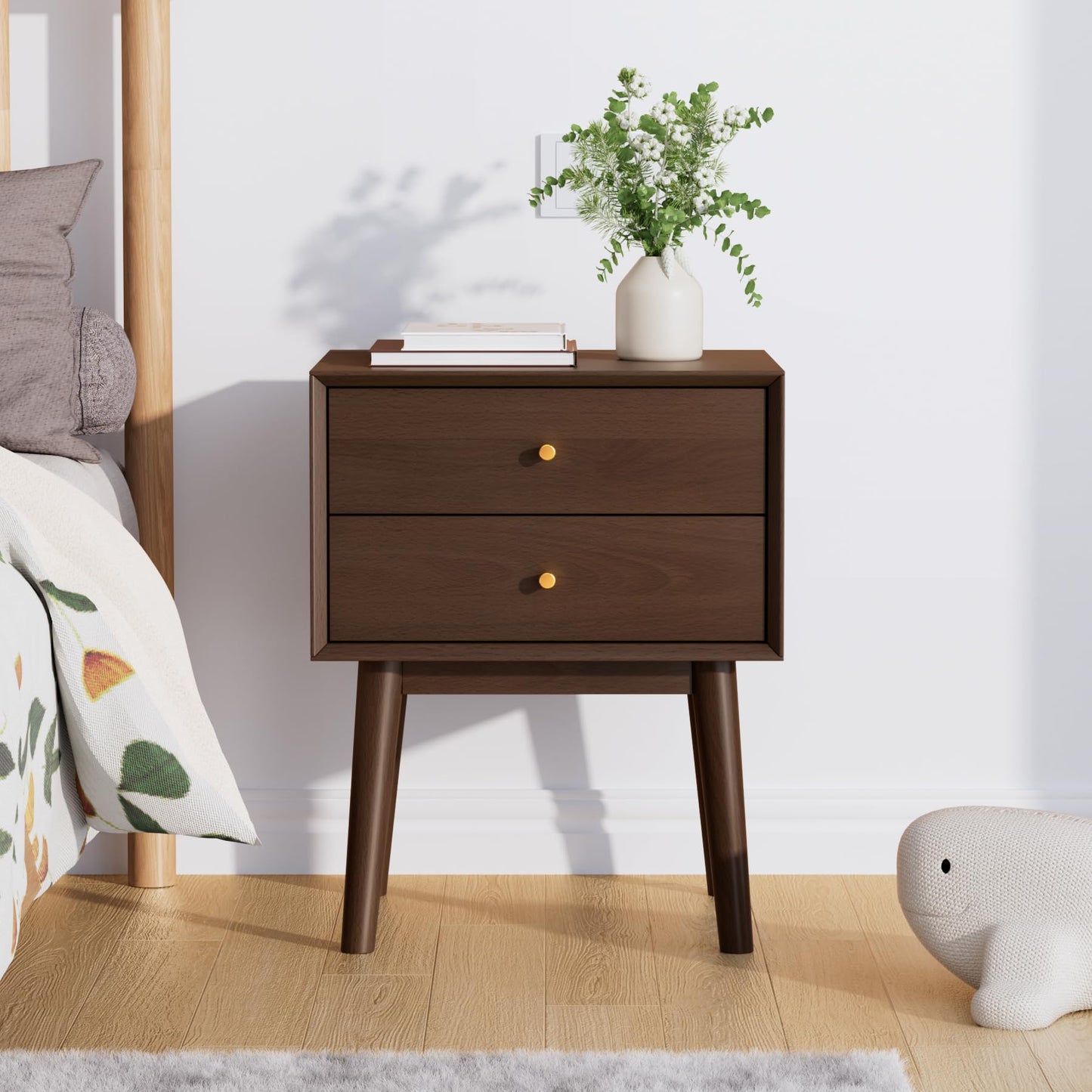 SANXIANHM Mid Century Modern Nightstand, 2 Drawers, Solid Wood Night Stand, Espresso Colored End Table