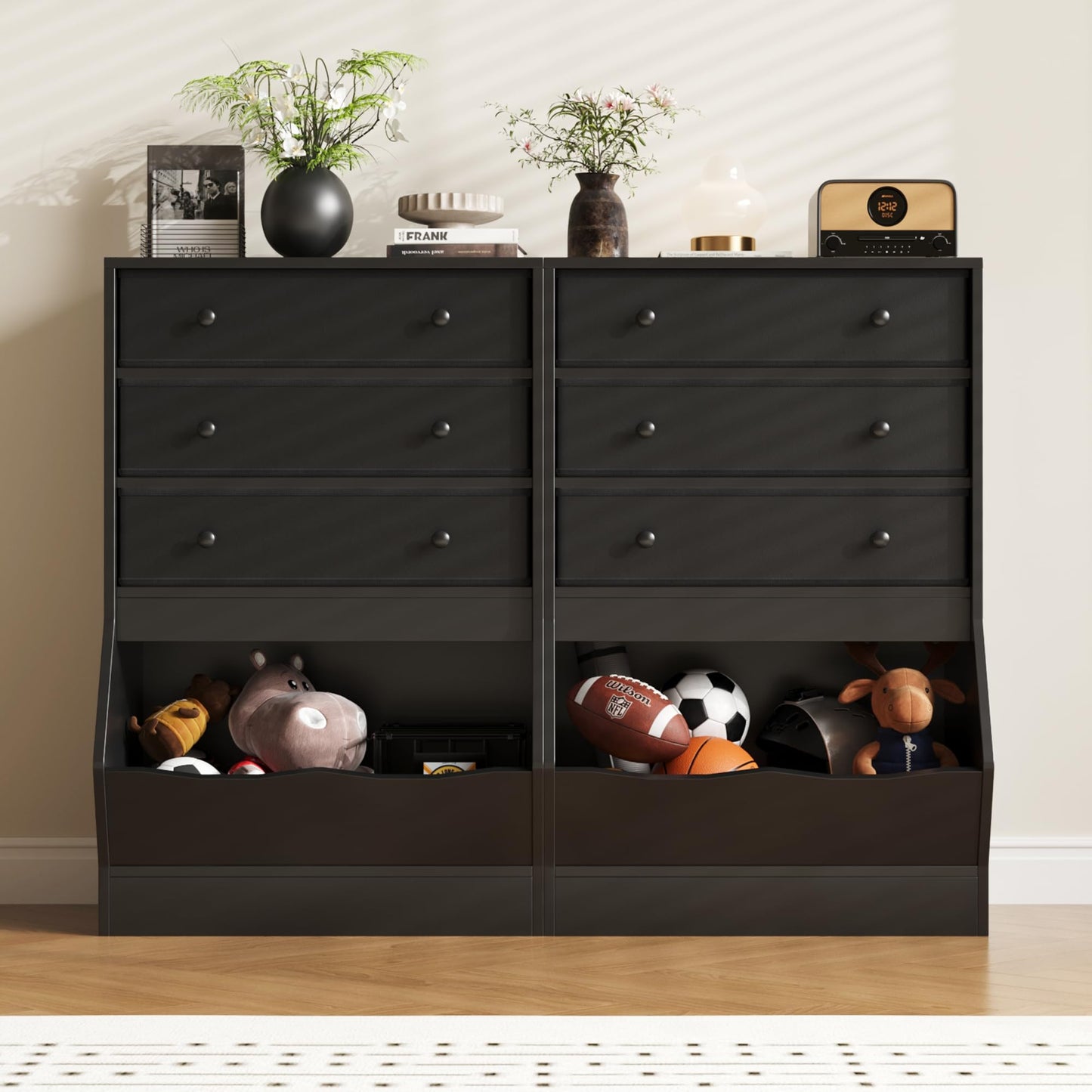 MHOM Fabric Dresser for Bedroom, Small Dresser with PU & Fabric Drawers, Modern Wooden Storage Cabinet with Open Cube for Closet, and Bedroom, Black