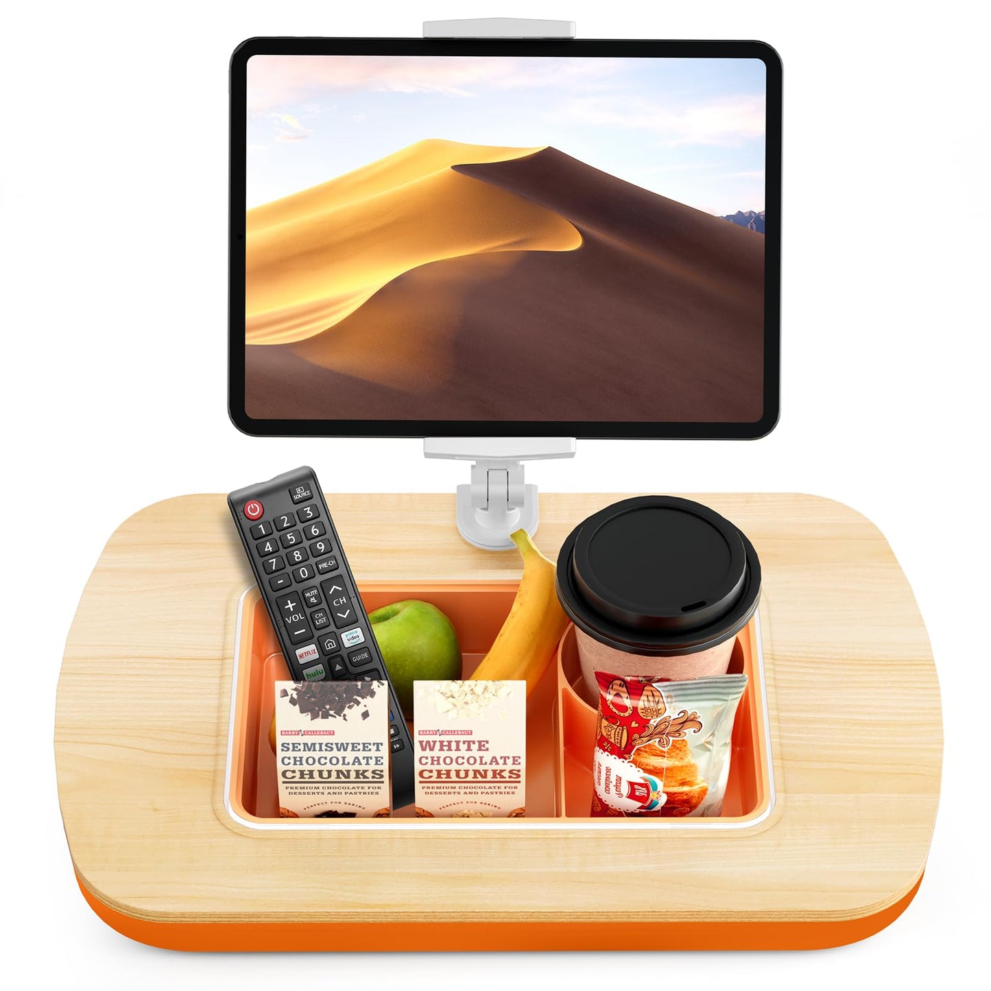 ERGONOV Lap Beanbag Tablet Pillow Stand with Snack Bowl and 360° Rotating Arm, Adjustable iPad Holder for Bed, Couch, and Recliner, Compatible with 4.7"-13" Kindle, iPad, Tablet, Phone,Orange