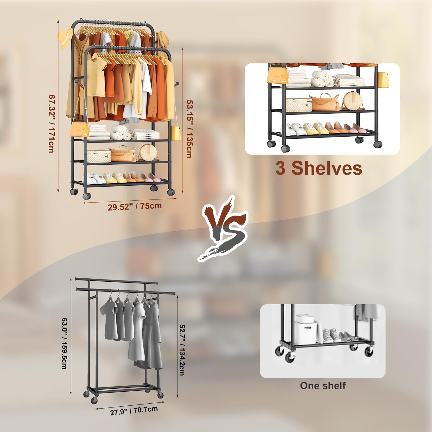 Furologee Clothes Racks for Hanging Clothes, Portable Rolling Garment Rack, Sturdy Metal Freestanding Cloths Racks with Wheels, Double Rods Wardrobe Rack for Bedroom Laundry Living Room