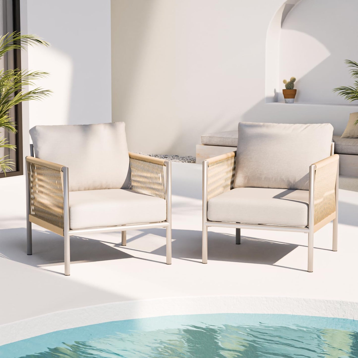 ZANDOR Aluminum Outdoor Front Porch Furniture Armchair 2 Sets, HDPE Woven Rope Rattan Bistro Patio Sofa Chair, Indoor Sectional Conversation Balcony Seat, Thick Cushion Wicker Backyard Sofa, Silver