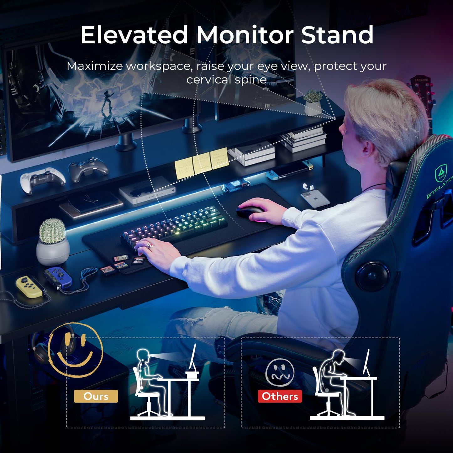 GTPLAYER Electric Standing Desk with Drawers, 48 x 24 Inch Height Adjustable Gaming Desk with Monitor Stand, Power Outlets & LED Lights, Home Office Sit Stand Up Desk with Memory Preset Controller