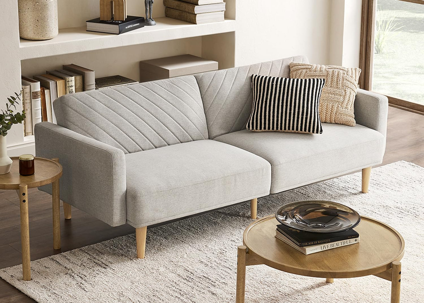 mopio 76.8" Futon Sofa Bed, Small Couch, Sleeper, Loveseat, Mid Century Modern Futon Couch, Sofa Cama, Couches for Living Room (Light Gray Fabric)