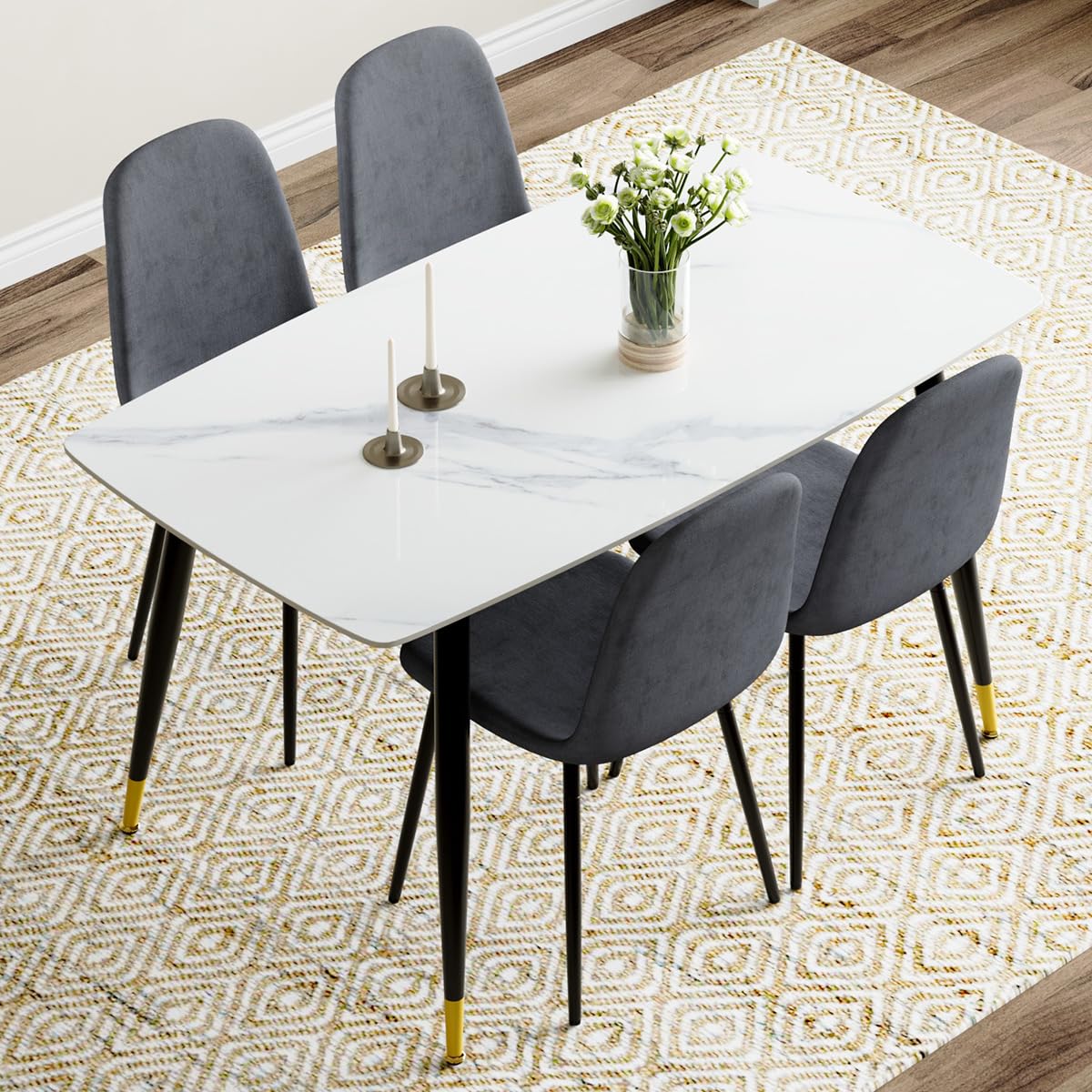 UELKS 5 Piece Dining Table Set,4 Chair Dining Table Set, Sintered Stone Kitchen Table Top and Modern Chairs Set of 4 for Kitchen Dining Room, Small Space
