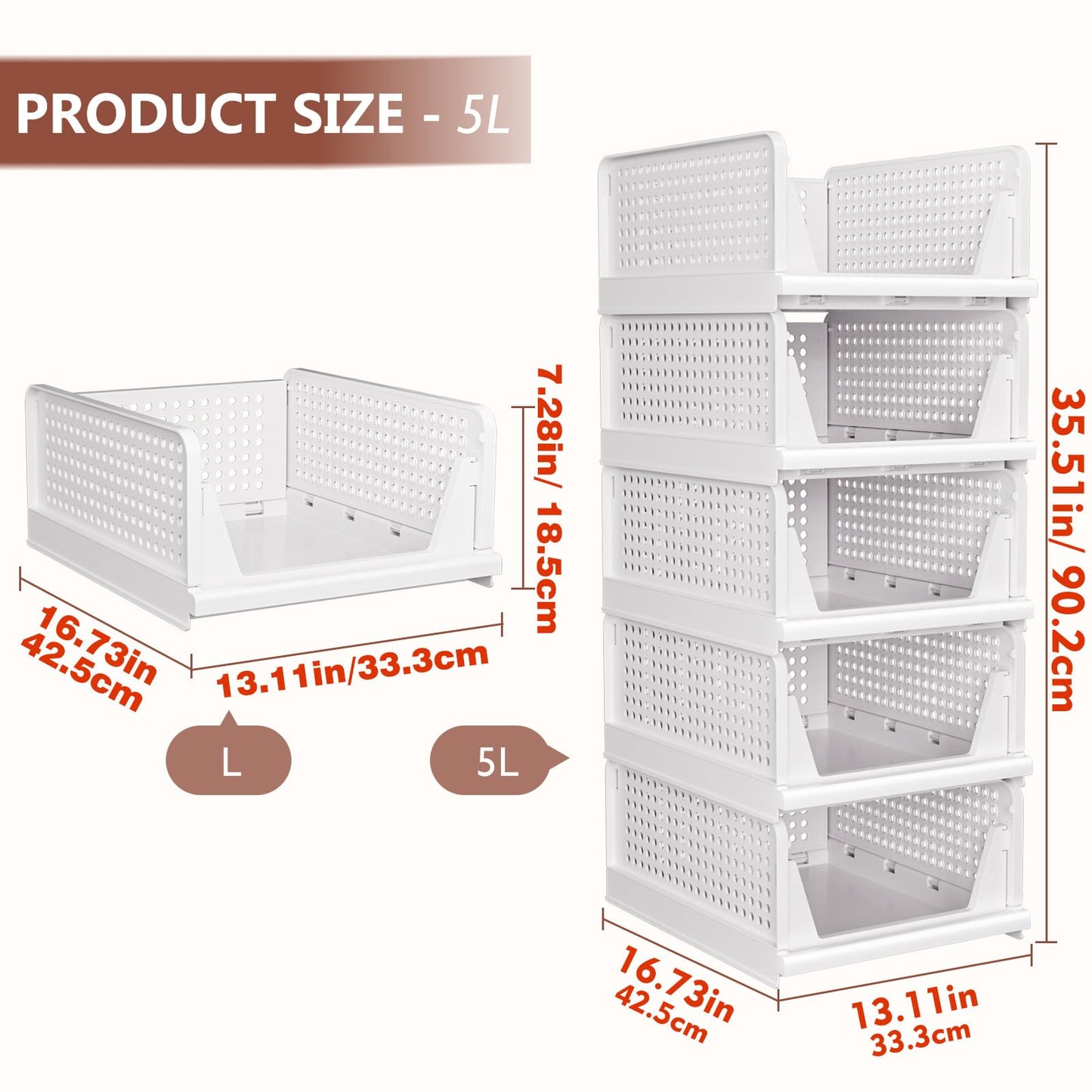 CTSNSLH 5 Pack Folding Closet Organizers Storage Box, Stackable Storage Bins, Plastic Drawer Basket Closet Storage for Wardrobe Cupboard Kitchen Bathroom Office White-5L