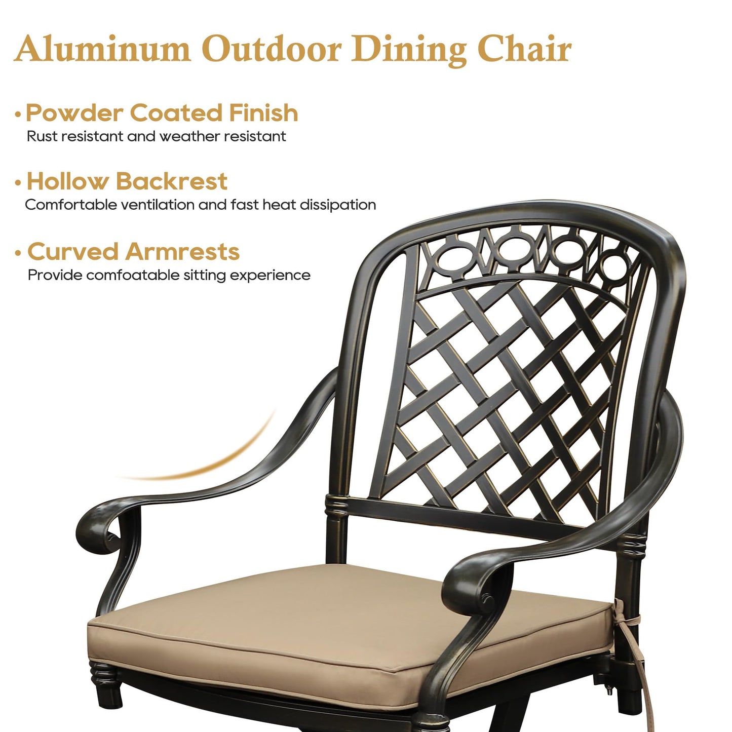Sumshadow 2 Piece Cast Aluminum Outdoor Swivel Dining Chairs, All-Weather Patio Swivel Rocker Chair Sets with Cushion for Garden, Backyard, Poolside, Bistro (Khaki, 2 Pieces)