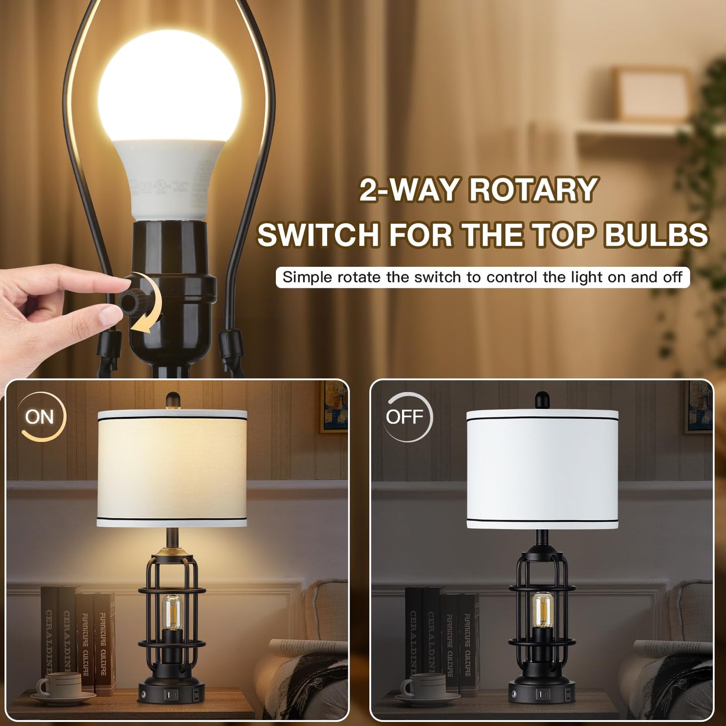 Modern Table Lamps, Industrial 3-Way Dimmable Bedside Lamp with USB A+C Ports & AC Outlet, Touch Control Rustic Nightstand Lamp LED Night Light for Living Room Bedroom Decor Home(4 Bulbs Included)