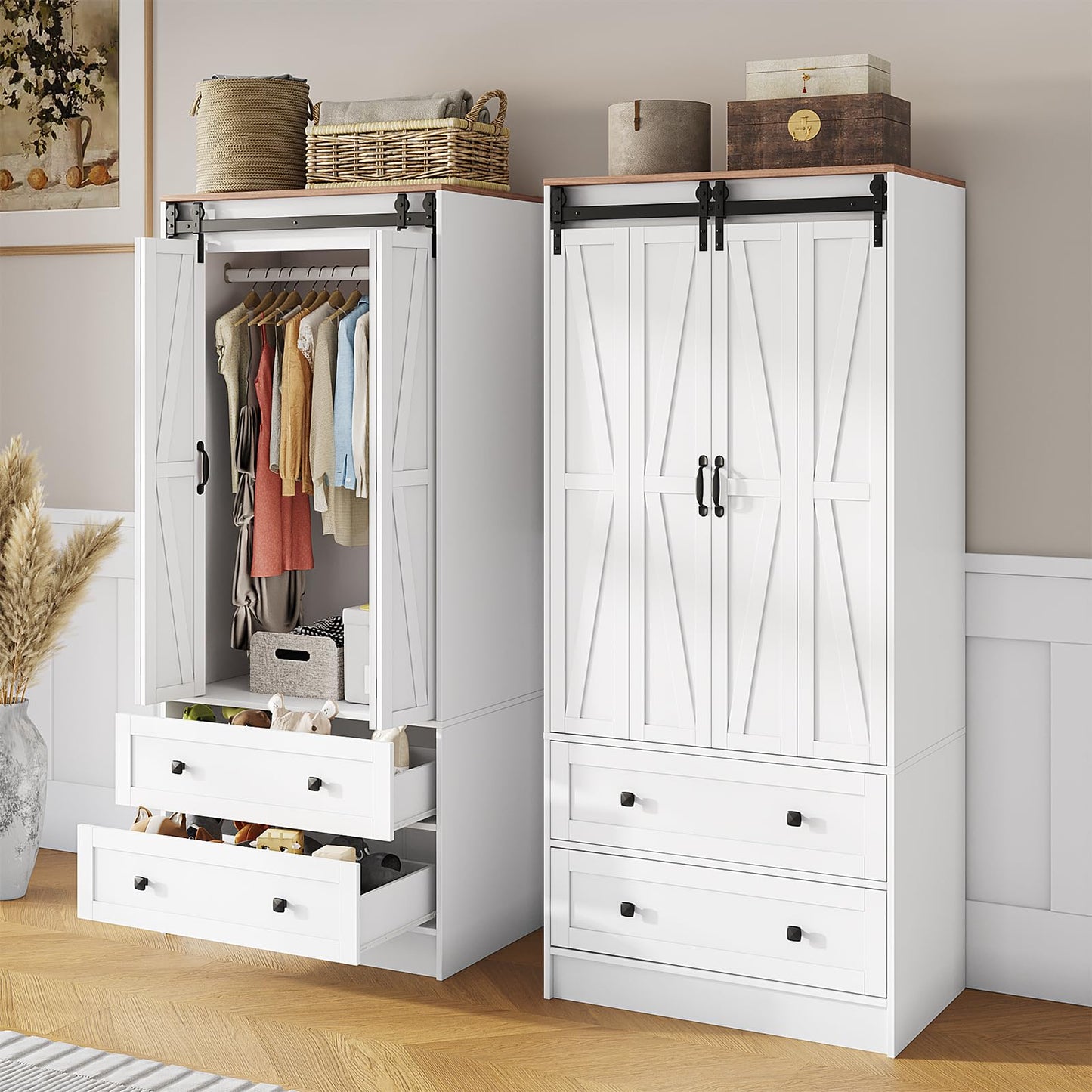 Maupvit Farmhouse Armoire with 2 Folding Sliding Barn Doors and Drawers 70.9" Tall Wooden Bedroom Wardrobe Closet with Spacious Storage Cabinet with Hanging Rod for Bedroom, White