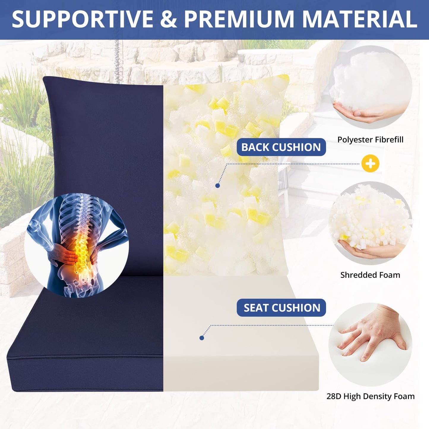 Fabuday Outdoor Chair Cushions Set - 22 x 22 Inch Waterproof & Fade Resistant Patio Furniture with Removable Cover Deep Seat & Back Pillow with Ties Replacement for Sunbrella Outside Sofa Couch Blue