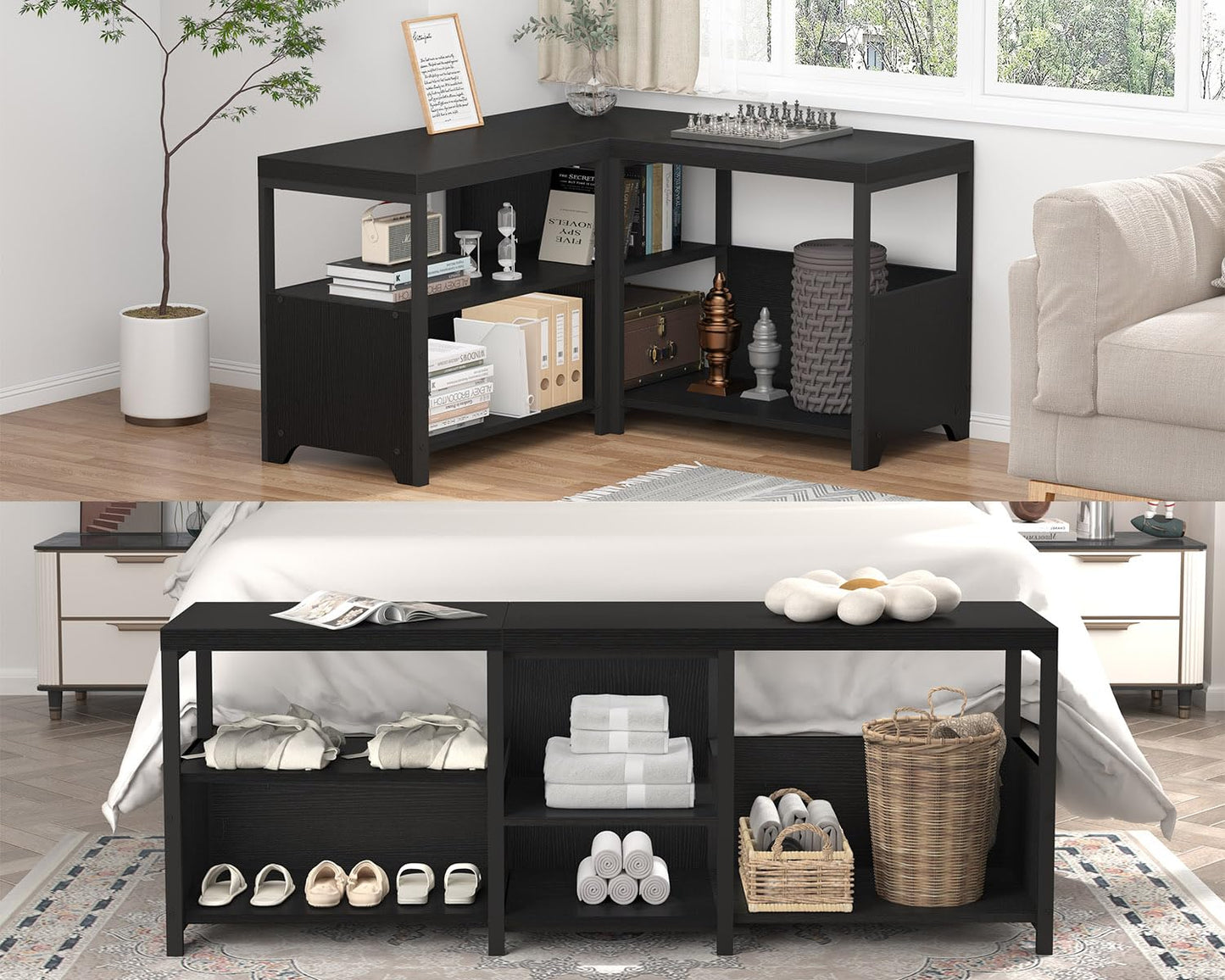 HSH Black Bench, 57” Long Entryway Bench with Shoe Storage, Corner Convertible Storage Bench with Shelf for Foyer Entrance, Wooden Metal L Shaped Shoe Rack Benchs for Bedroom Living Room, Black Oak