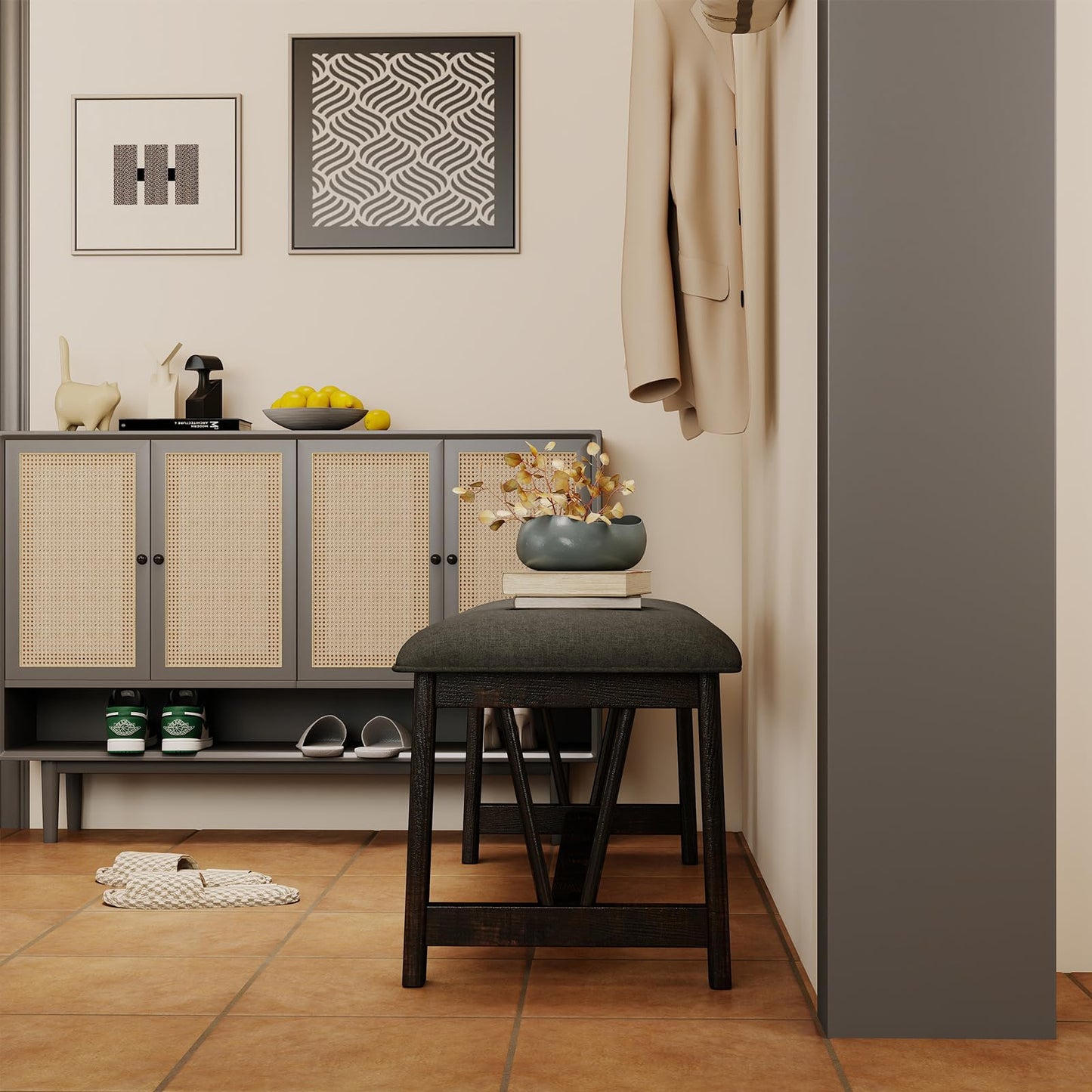 Kmax Entryway Bench, Upholstered Dining Bench with Solid Wood Legs Farmhouse Window Bench Rustic Bench Seat for Living Room Hallway Kitchen - Linen, Grey