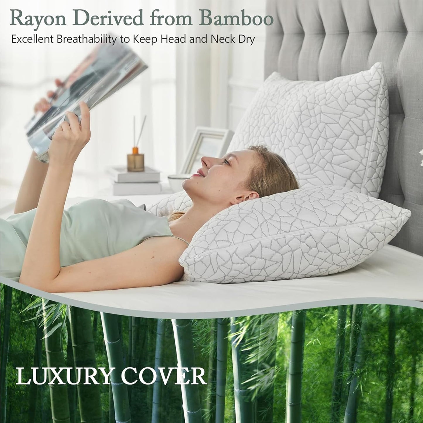 BPC Premium Rayon Derived from Bamboo Pillows Queen Size Set of 2 - Adjustable Shredded Memory Foam Pillow with Removable Cover Firm Pillow for Side Stomach and Back Sleepers, CertiPUR-US