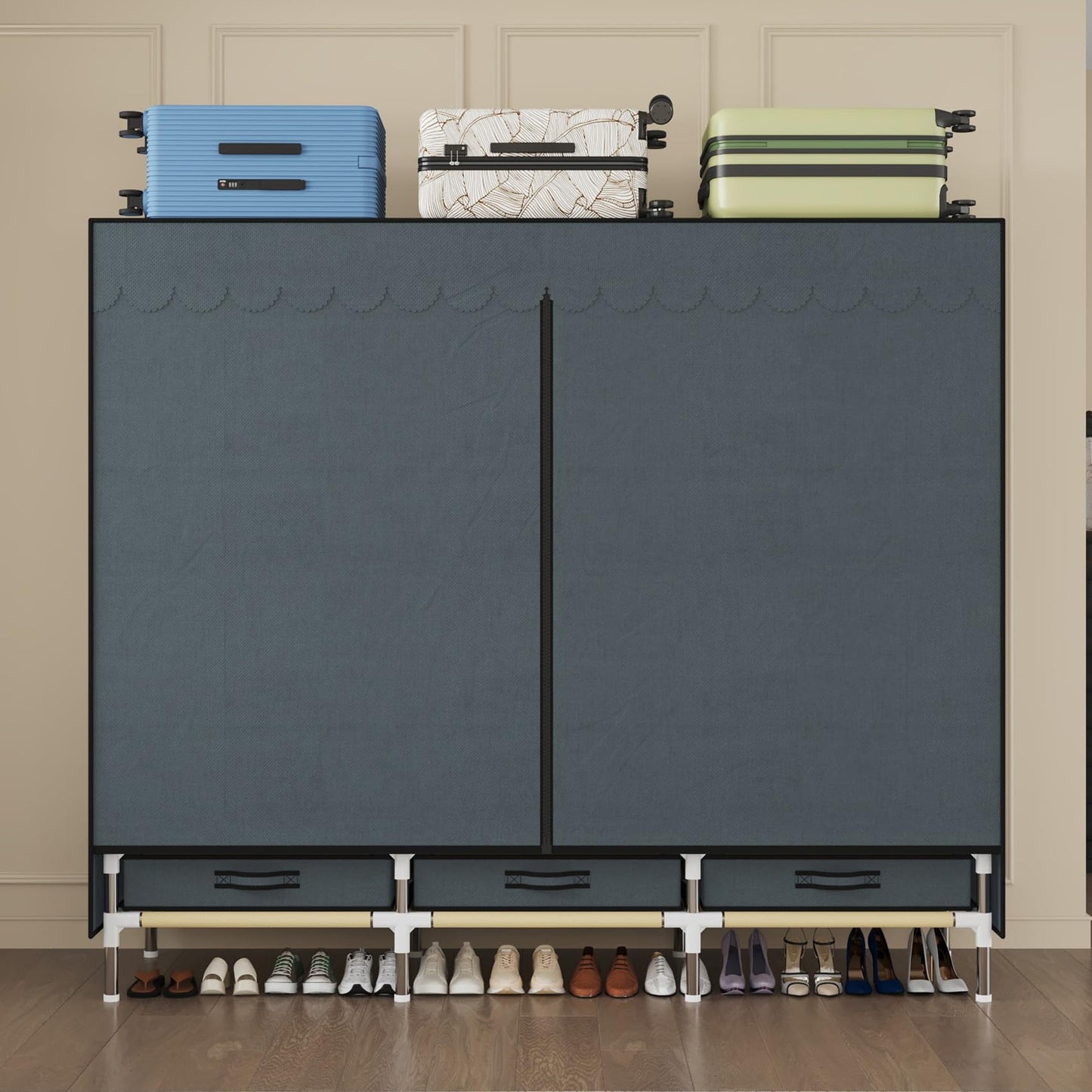 LEAIJIAFY Portable Wardrobe, Freestanding Closet Hanging Organization, Metal Frame with Gray Fabric Cover, 3 Storage Compartments, 3 Hanging Rods, 3 Drawers.
