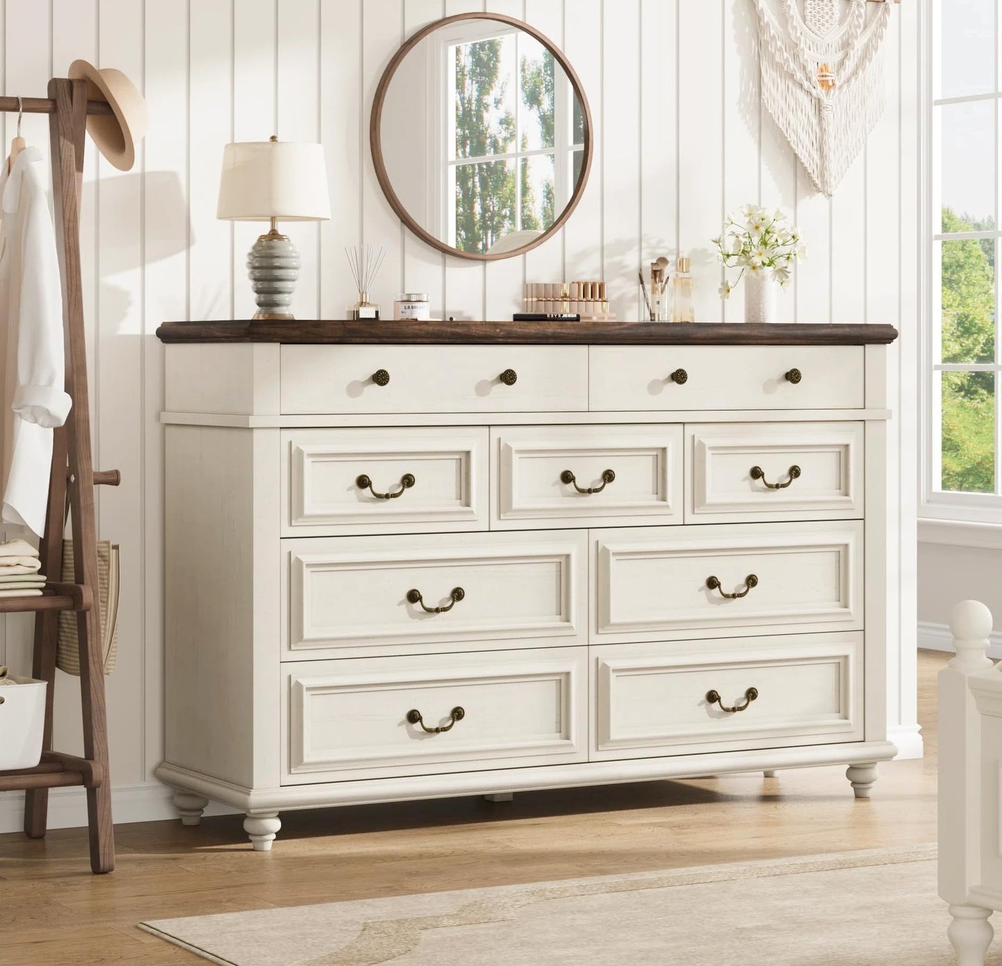 Jocoevol Cream Farmhouse Dresser for Bedroom, 9 Drawer Chest of Drawers, Tall Dressers for Bedroom Storage, Dresser for Closet, Dressers & Chests of Drawers (Cream, 53.5" Wide)