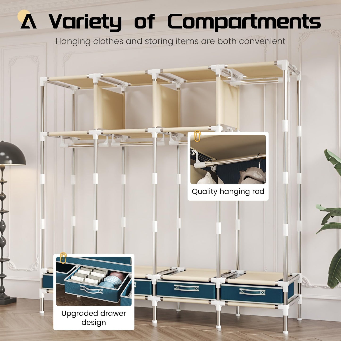 LEAIJIAFY Portable Wardrobe with 4 Drawers and 3 Shelves, 67 Inch Large Capacity Freestanding Wardrobe Hanging Organizer with Lid for Bedroom, Blue