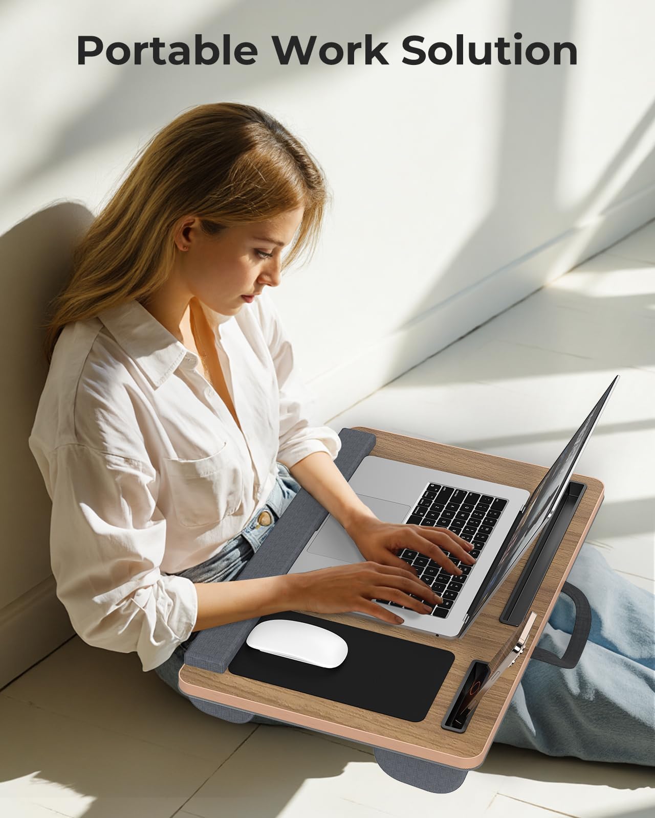 Potuopy Lap Desk - Up to 17” Laptop with Wrist Rest, Portable Handle, Fixed Mouse Pad, Tablet & Phone Slots, Laptop Stand for Bed with Cushion (Dark Brown Woodgrain)
