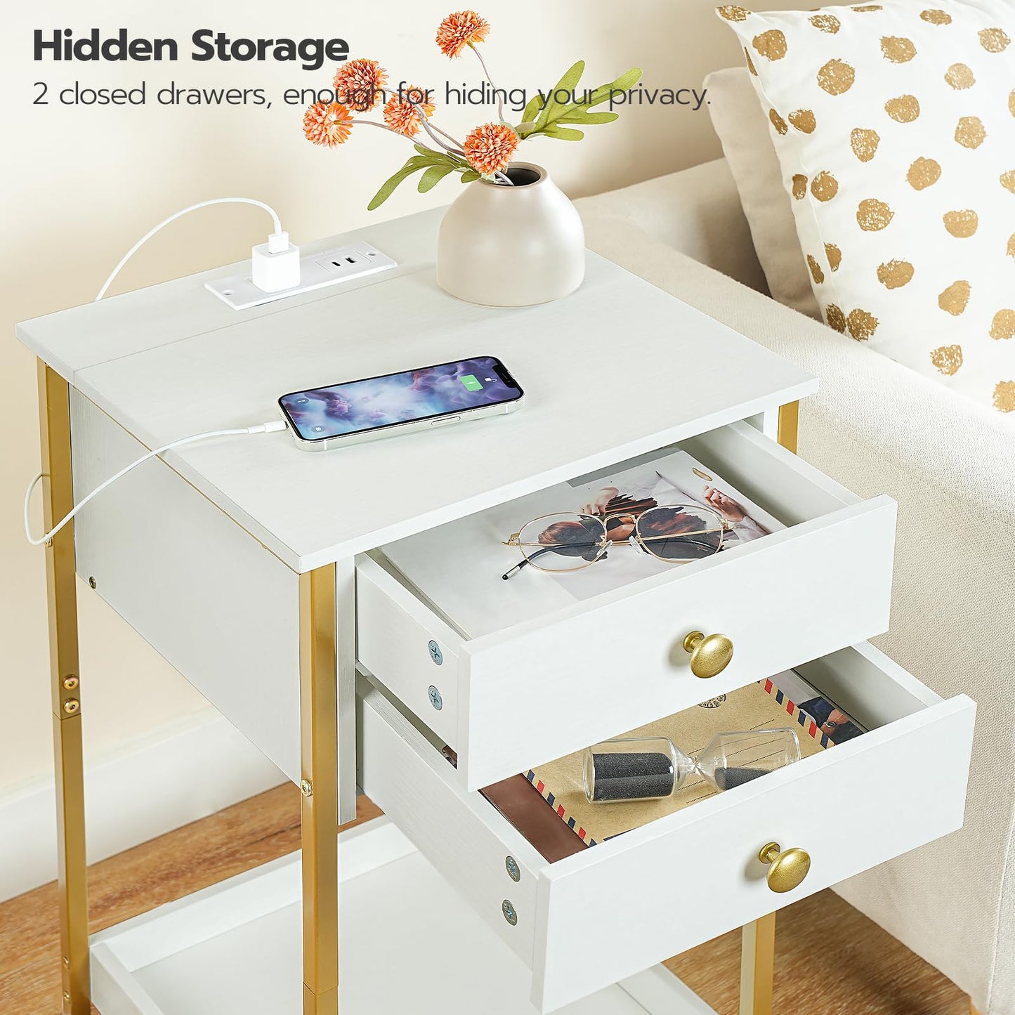 HOOBRO End Table with Charging Station, Tall Nightstand with Storage Drawer, Small Side Table with Gold Frame, 26.2 Inch Telephone Entryway Table for Bedroom, Hallway White and Gold DW72UBZ01