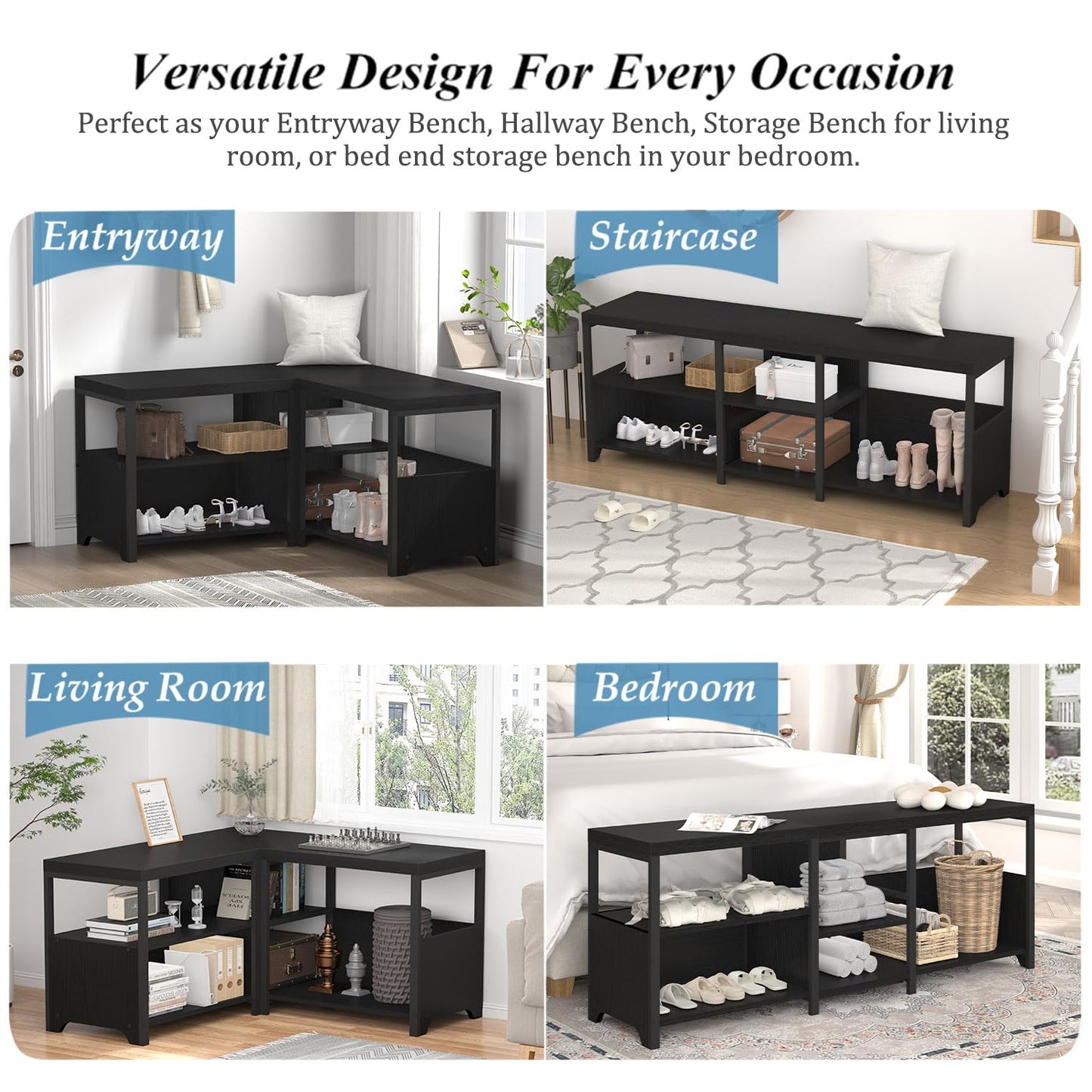 HSH Black Bench, 57” Long Entryway Bench with Shoe Storage, Corner Convertible Storage Bench with Shelf for Foyer Entrance, Wooden Metal L Shaped Shoe Rack Benchs for Bedroom Living Room, Black Oak