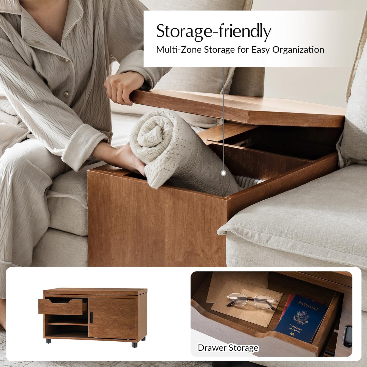 HULALA HOME Coffee Tables Set of 2 with Storage, Modern Sofa Side Tables with Modular Design, Rectangle Wood End Tables with Adjustable Shelves, Acorn