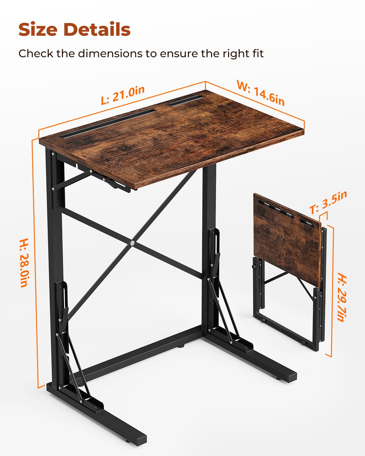 Evermagin 21''Wx28''H TV Tray Set of 2, Small Foldable C-Shaped End Table for Eating with Tablet and Phone Slots, Slide Under Couch Side Table for Recliner, Living Room, Bedroom, Rustic Brown