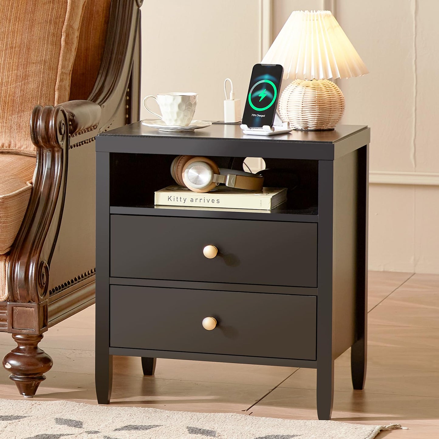 Huuger Black Nightstand Set of 2, Night Stand with Charger Station, Bedside Table with 2 Drawers, Bed Side Tables for Bedroom, Modern Nightstands, Metal Knobs, Painted Surface
