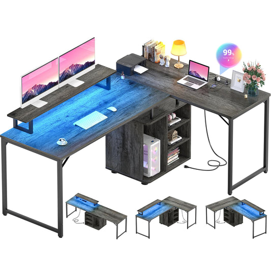 Cyclysio L Shaped Gaming Desk with Wood Cabinet, 58" Large Corner Desk with LED Lights & Power Outlet, Reversible Computer Desks with Computer Tower Stand, 2 Person Desks for Home Office, Grey