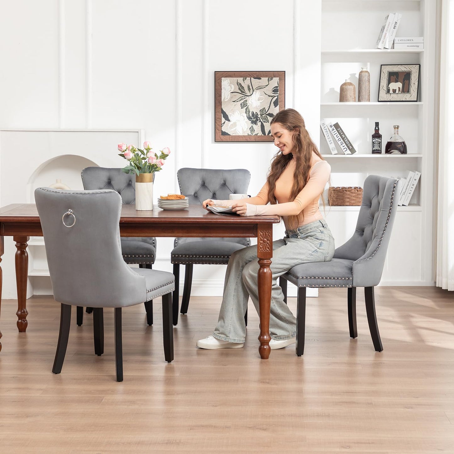 Kiztir Velvet Dining Chairs Set of 4, Upholstered Dining Chairs with Ring Pull Trim and Button Back, Luxury Tufted Dining Chair for Living Room, Bedroom, Kitchen (Gray)
