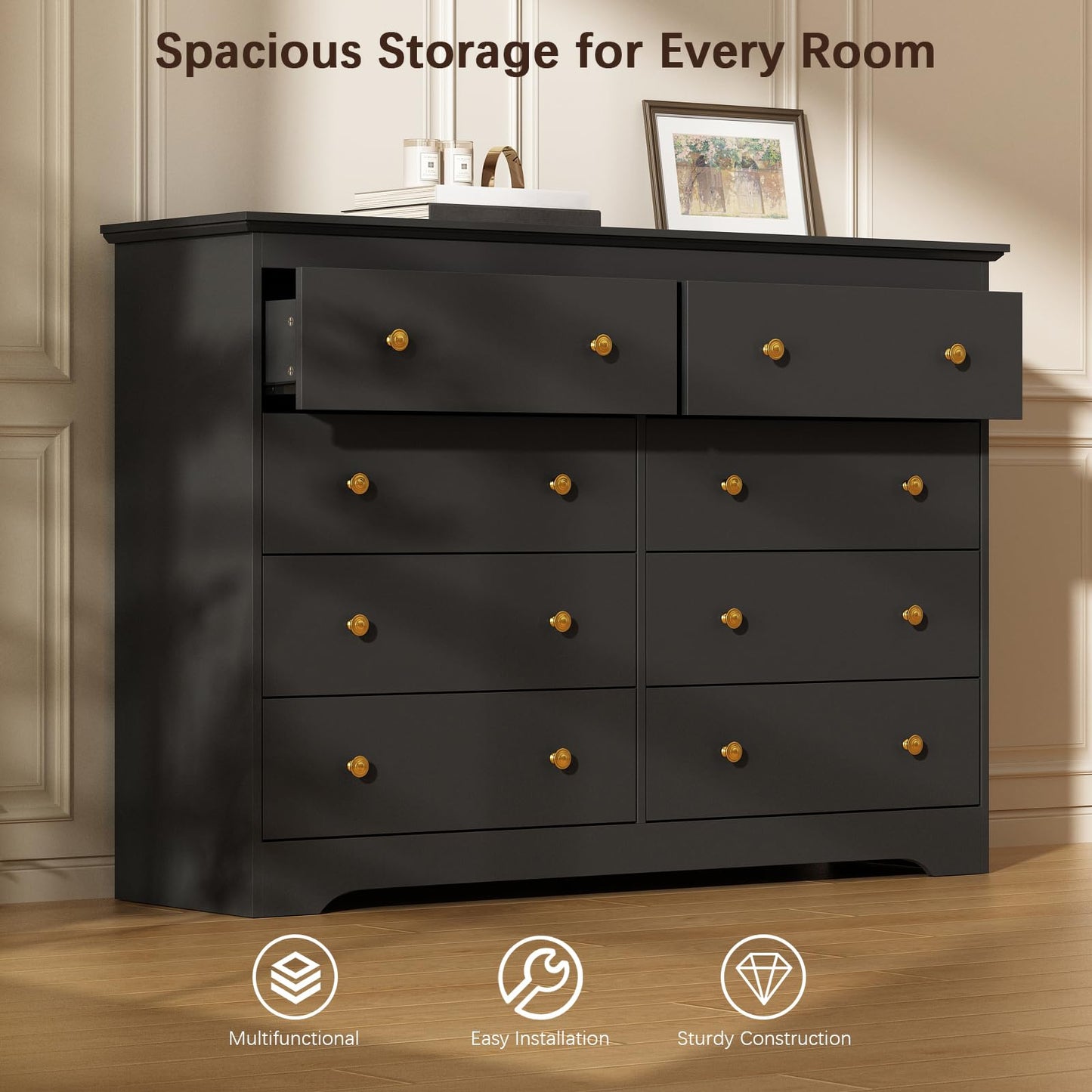 LYNSOM Modern 8 Drawer Dresser, 55.1" Wide Dressers & Chests of Drawers with Large Capacity Storage, Mid Century Black Dresser for Bedroom, Hallway, Black
