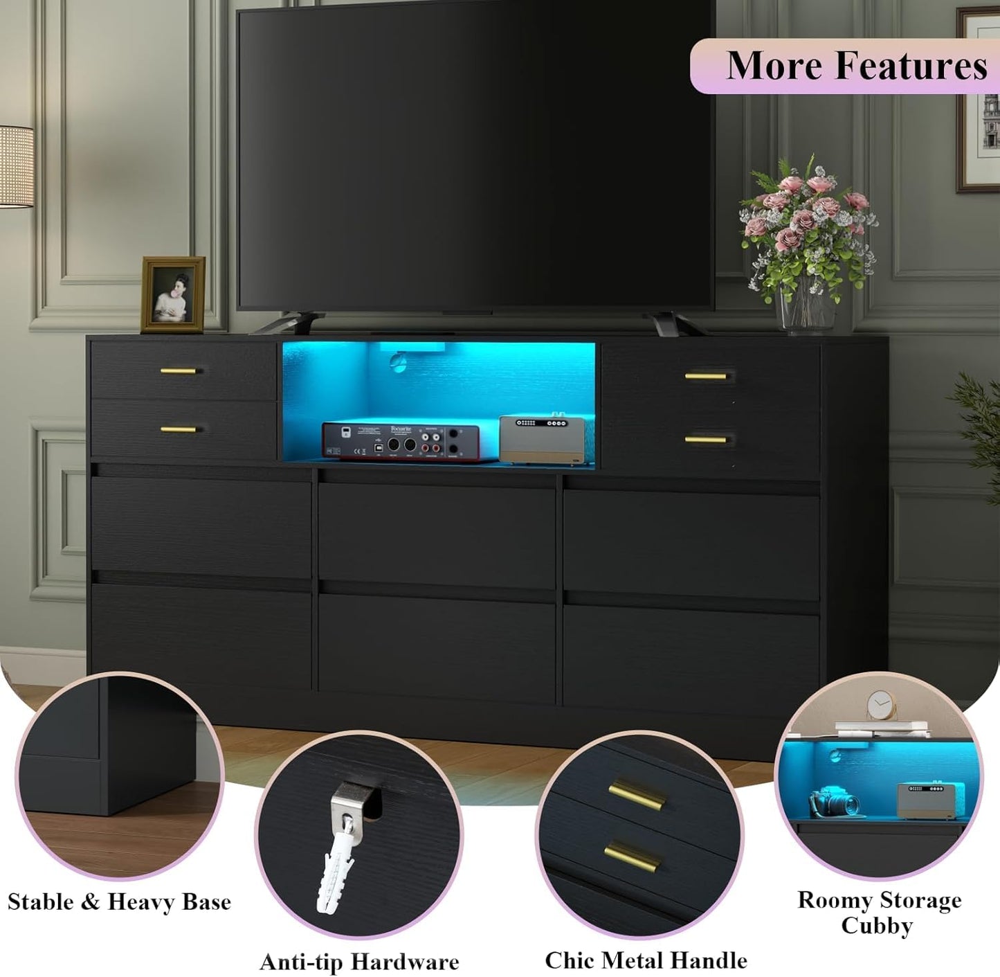 Loomie 10 Drawer Black Dresser with Charging Station & Led Lights for Bedroom, Long 58" Triple Wide Dresser TV Stand for TVs up to 65", Wide Chest of Drawer, Large Dressers Organizer with Open Cubby