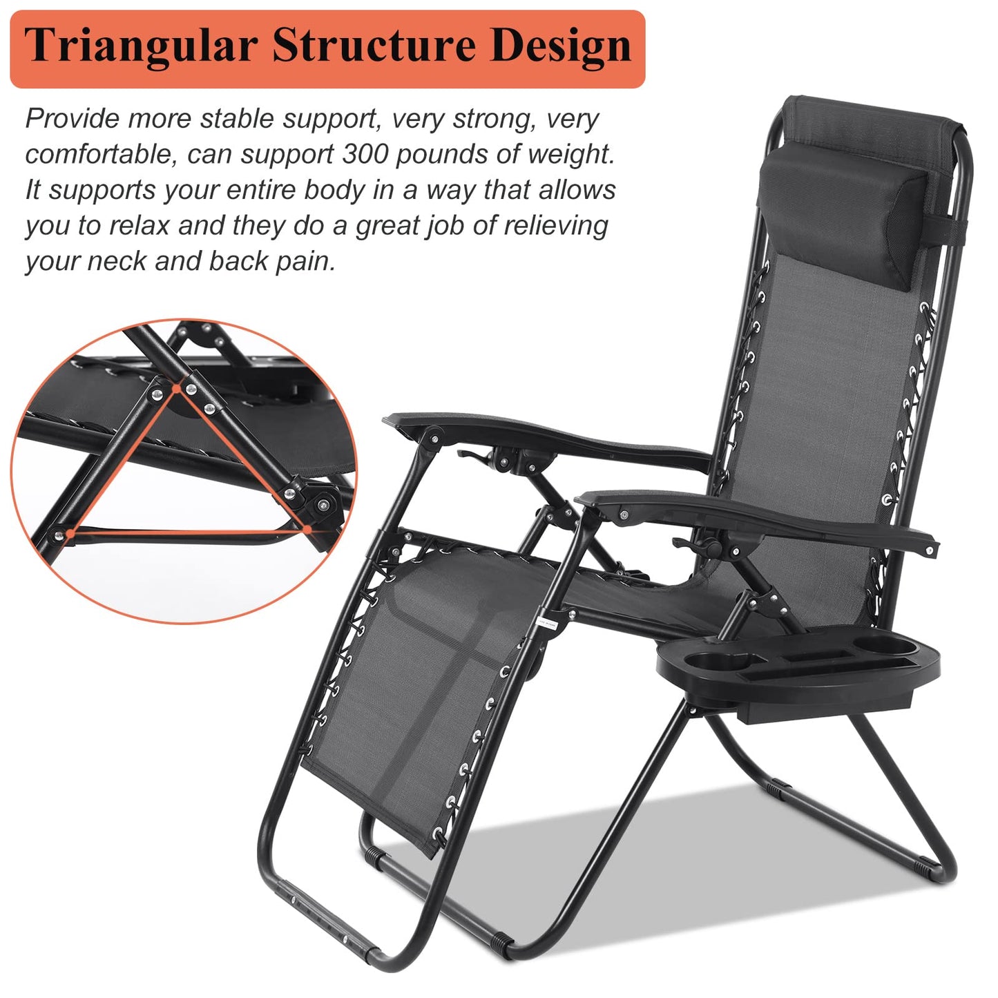 Pazidom Zero Gravity Chair Set of 2, Folding Lounge Chair Adjustable Reclining Chair Camping Lawn Chair w/Pillow and Cup Holder Tray, Folding Chair Outdoor Chair - Comfortable & Breathable, Black