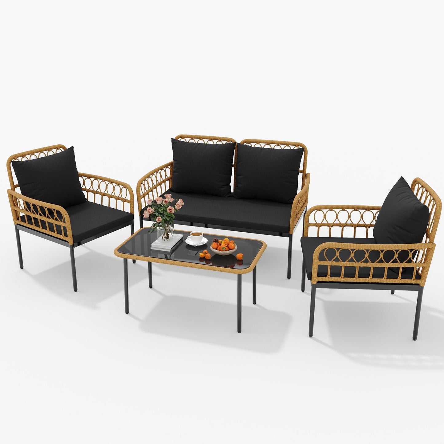 GarveeLife 4 Pieces Patio Furniture Sets Wicker Outdoor Patio Table and Chairs Set with Glass Side Table, Loveseat Chairs, Boho Rattan 4 Seater Conversation Sets for Backyard, Porch, Bistro, Black