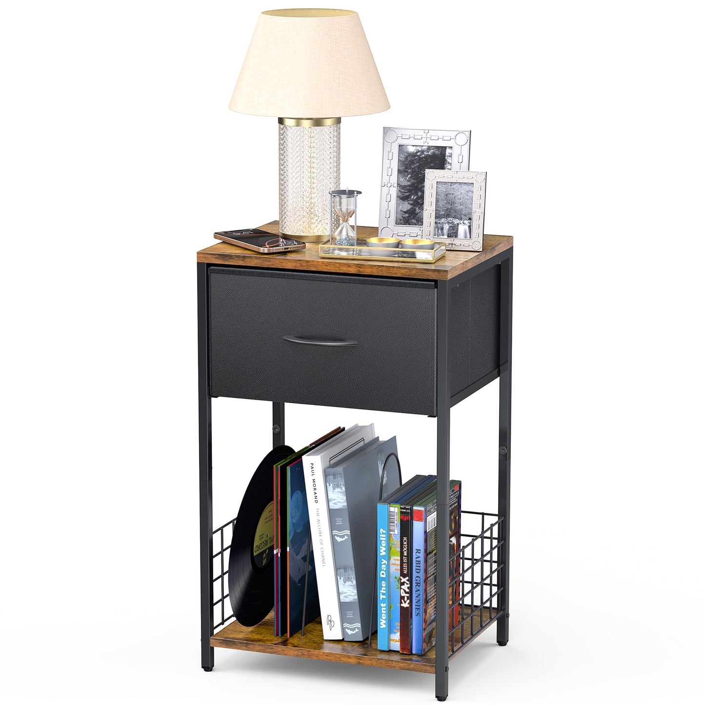 End Table Night Stand, Side Table Bedroom with Book Shelf & Storage Drawer, Night Stand with Fabric Bin for Bedroom, Corner Book Shelf for Home, Easy Assemble, Brown