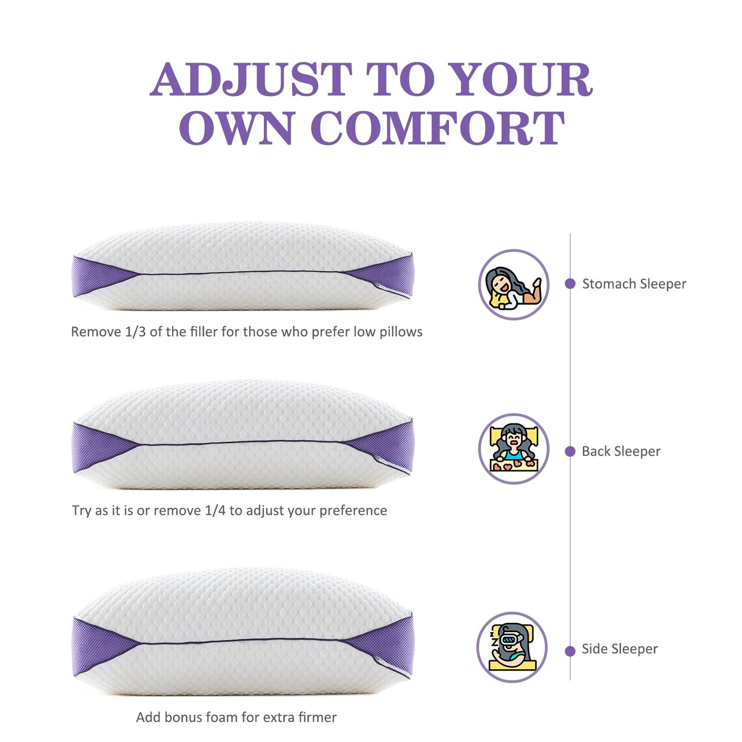 HOMELAB Adjustable Shredded Memory Foam Pillow Queen Size, Cooling Bed Pillow for Sleeping with Removable Cover, Medium Pillow for Side Stomach & Back Sleepers, 1 Pack 20"x28"