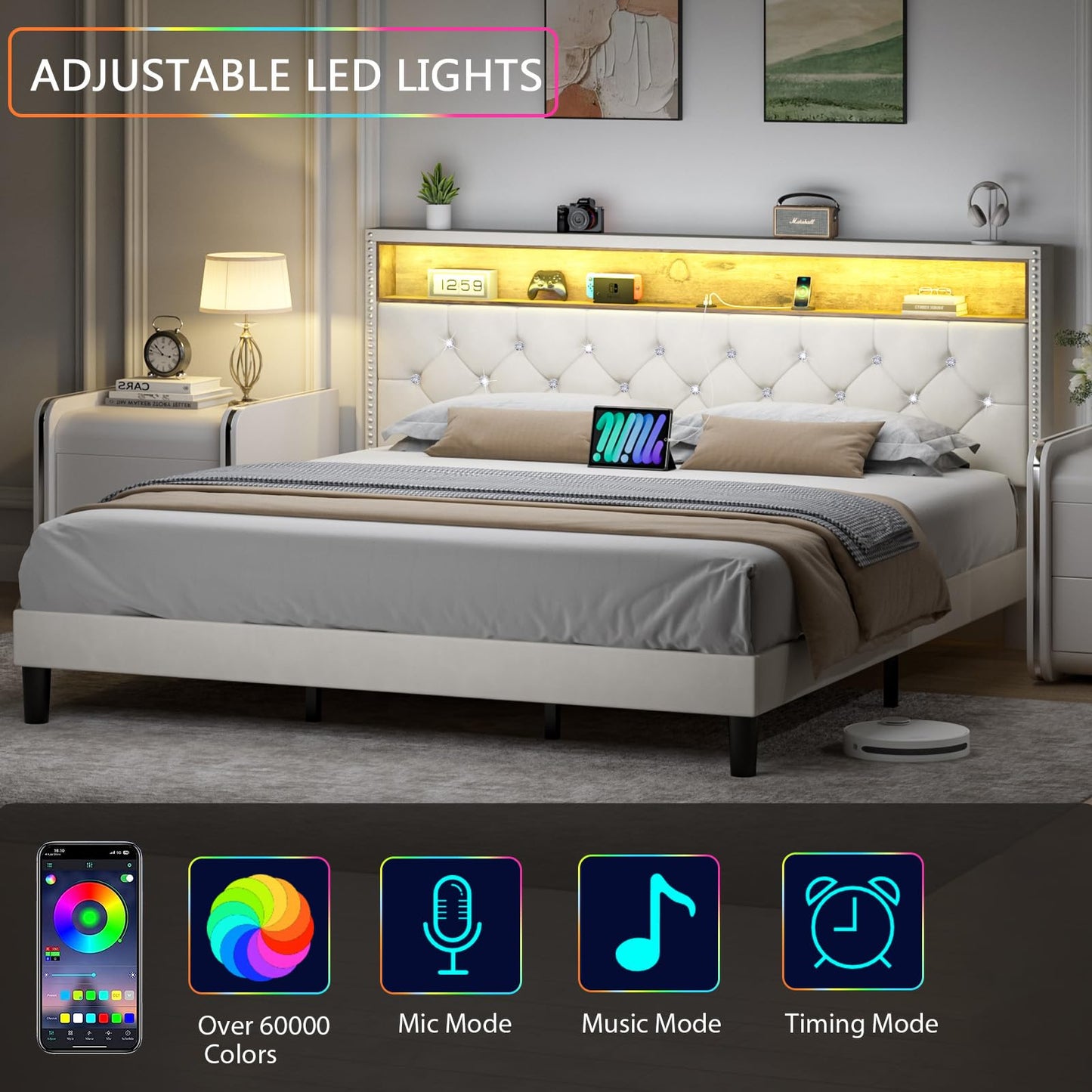 King Bed Frame with LED Lights, Velvet Upholstered Platform Bed with Storage Headboard and Charging Station, King Bed Frame with Diamond Design, Wood Slats Support, No Box Spring Needed, Beige