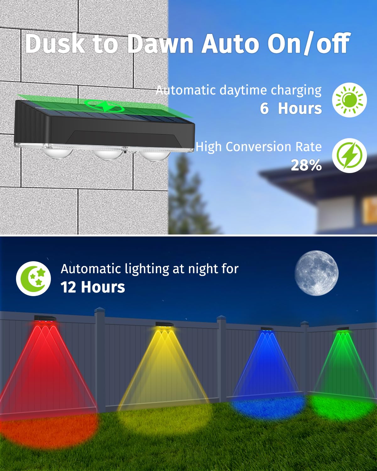Solar Fence Lights Outdoor 8 Pack Waterproof High Brightness Upgraded 3 LED Spot Lens Deck Lights 7 Mode Warm & Cool White RGB Solar Powered Wall Lighting Decor for Outside Patio Step Backyard Railing