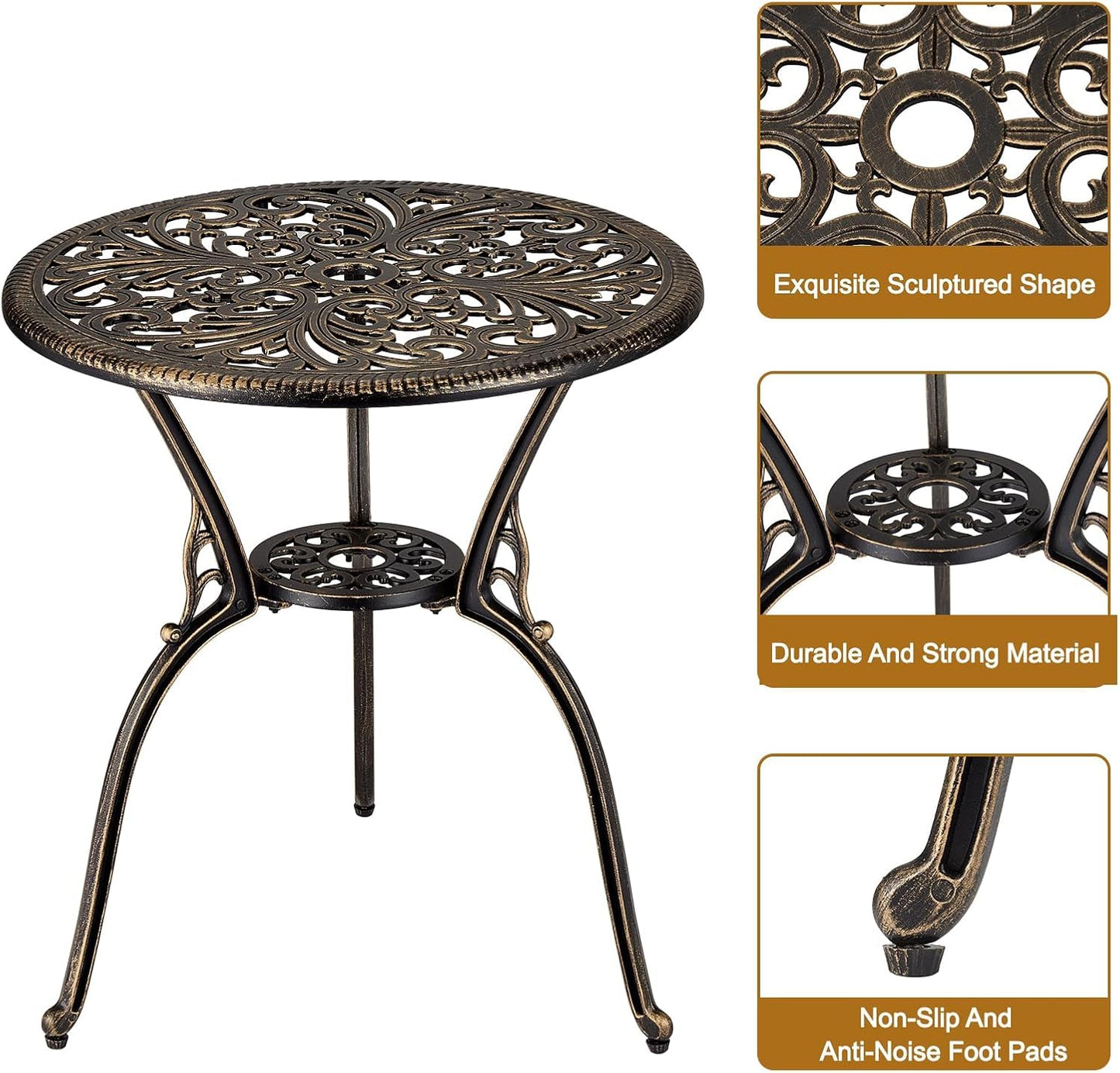 GarveeHome 3 Piece Outdoor Bistro Set, Cast Aluminum Patio Table and Chairs Set of 2 with Umbrella Hole, Rust-Resistant All Weather Balcony Furniture for Backyard, Porch, Bronze