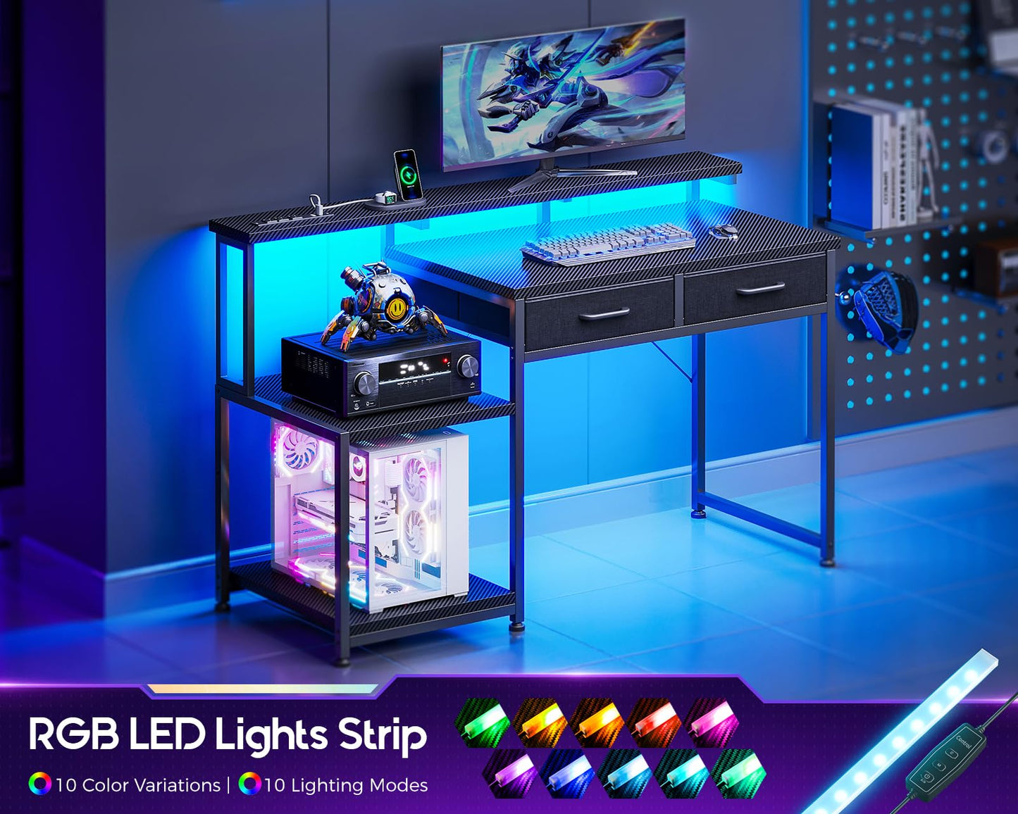 ODK Gaming Desk with Led Lights & Power Outlet, 48 Inch Computer Desk with Drawers, Office Desk with Large Display Storage Shelves, Reversible Desk with Monitor Stand for Home, Carbon Fiber Black