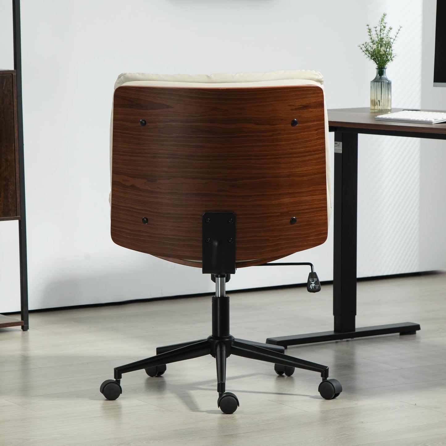 WQSLHX Office Chair, Criss Cross Legged Office Desk Chairs with Wheels, PU Leather Adjustable Swivel Walnut Task Chair with Wide Seat, Ergonomic Mid Back Computer Chair for Meeting Room, Home