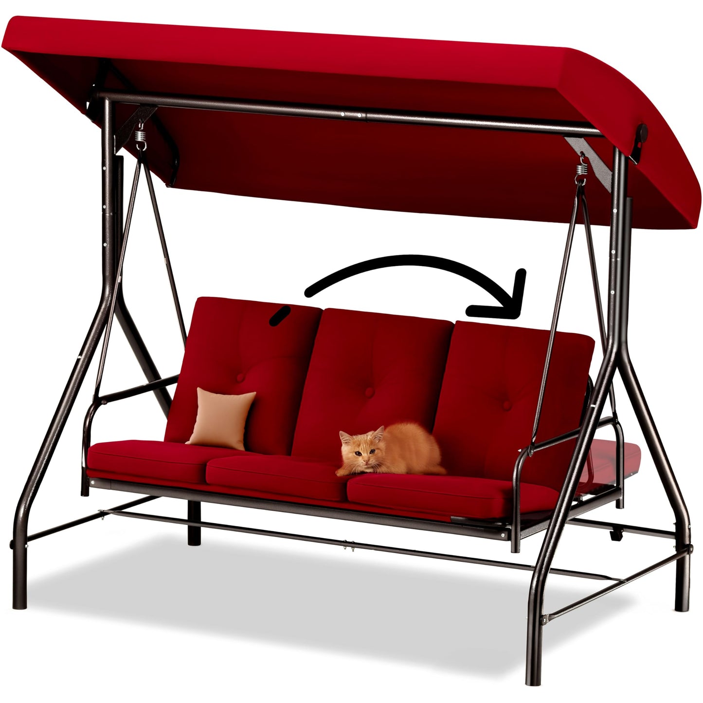 Porch Swing - 3-Seat Patio Outdoor Swing with Canopy for Adultes, Convertible Glider Bed, Thick Removable Cushions & Pillows for Backyard, Porch, Garden - Burgundy