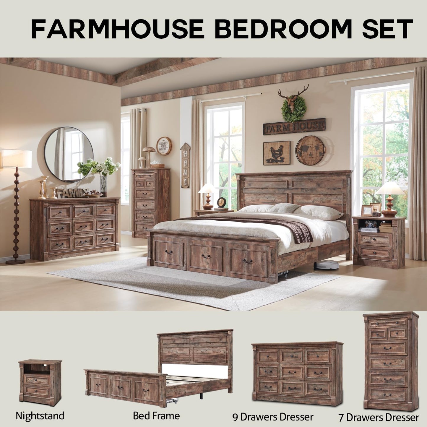 Aitjunz 8 Drawers Dresser for Bedroom, Farmhouse 61" Wide Dressers & Chests of Drawers w/Roman Column, Large Storage Dressers Organizer w/Two Different Drawer Sizes for Bedroom,Living Room,Light Brown