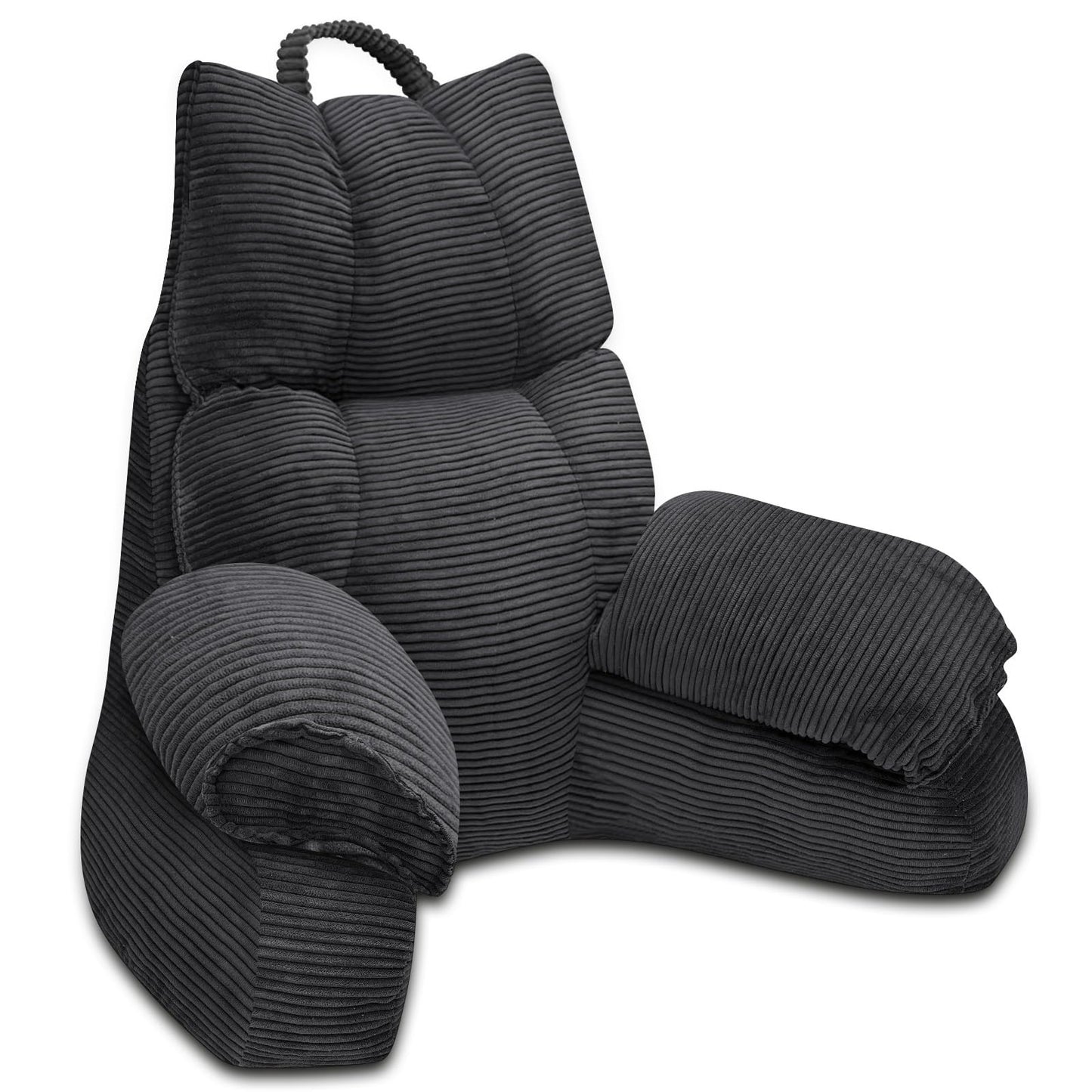 RRPAHWTV Reading Pillow for Bed with High Arm Rests ,Back Support Pillow for Sitting Up in Bed with Shredded Memory Foam for Reading, TV, Gaming or Relaxing on Floor（Grey Black, Large）