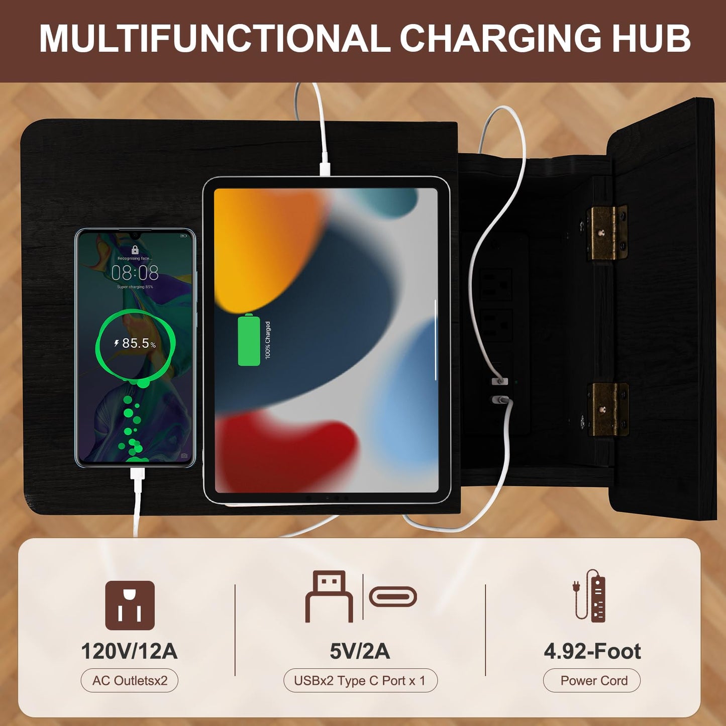Cazacomzy Small Black Side Table Charging Station for Bedroom, Narrow Black Living Room End Tables with Storage, Skinny USB Nightstand with Outlet, Gaming Coffee Table for Couch with USB Ports