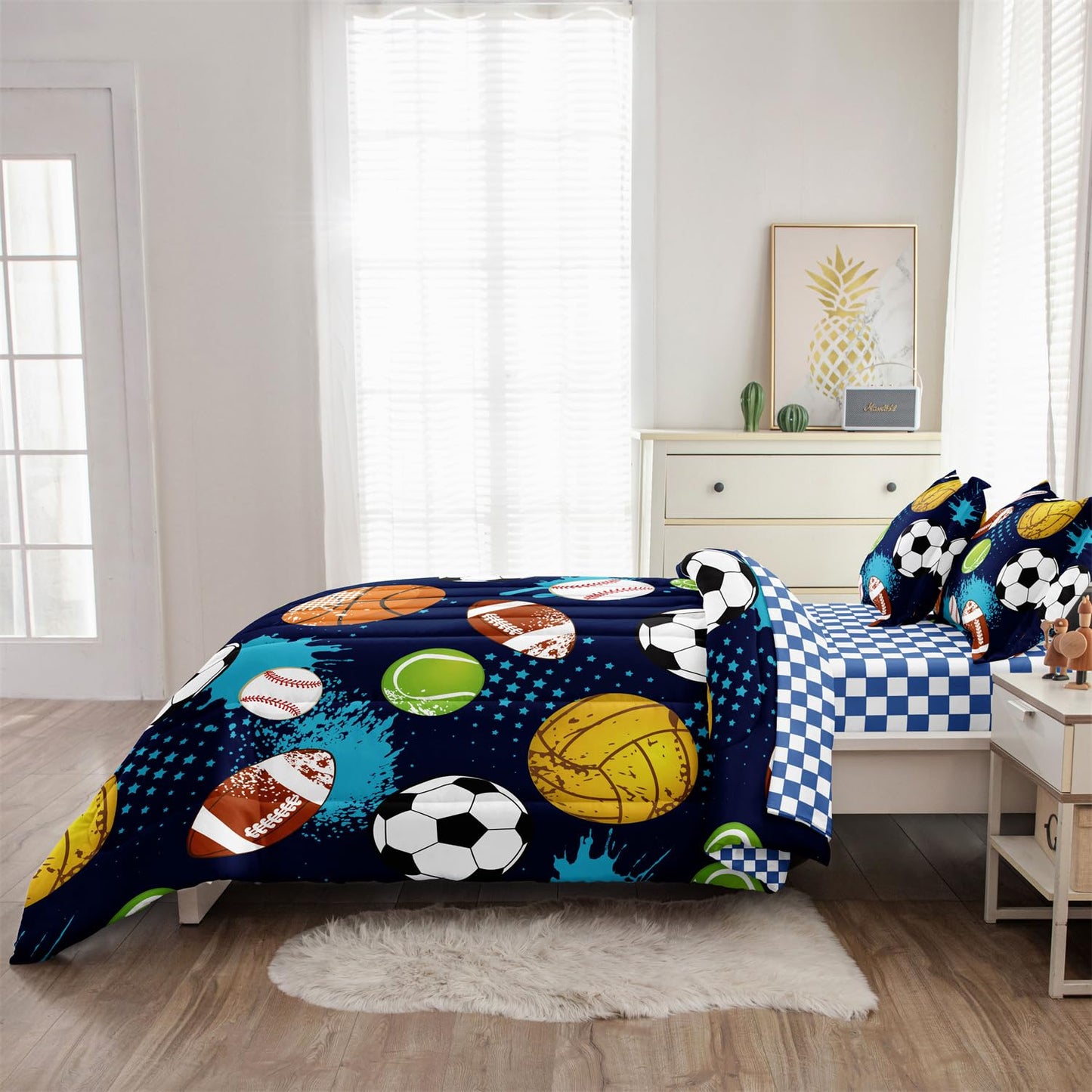 Leaflin Kids Boys Comforter Set Twin Bed in a Bag w/Sheet Sets, Blue Twin Bedding Sets for Teens Soccer Basketball Baseball Football Sports Themed Bedroom Decor Reversible Design