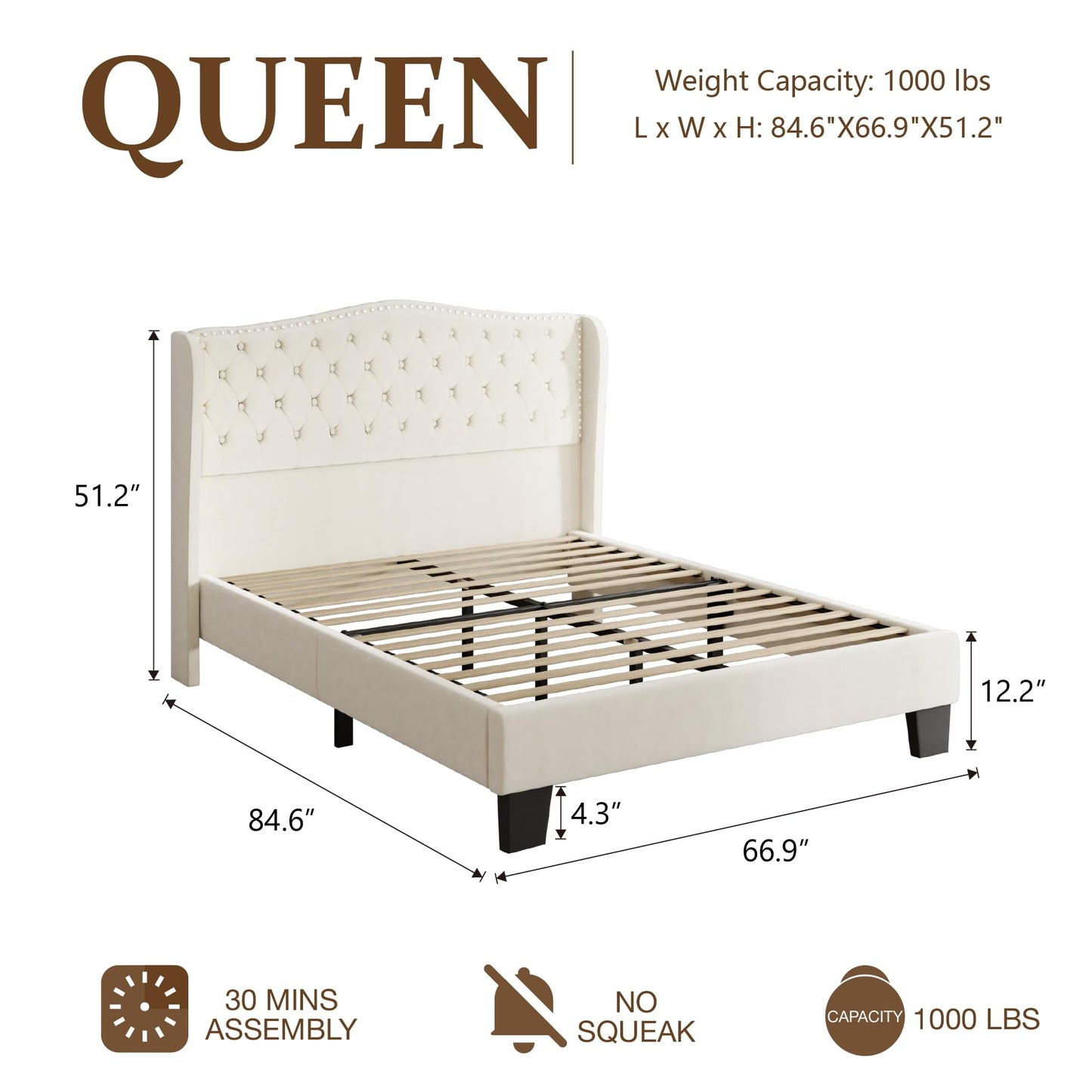 SwnftWinnt Queen Size Upholstered Bed Frame, Velvet Luxury Wingback Headboard, Platform Bed with Deep Button Tufted & Nailhead Trim, No Box Spring Needed, Noise Free, Easy Assembly, Beige
