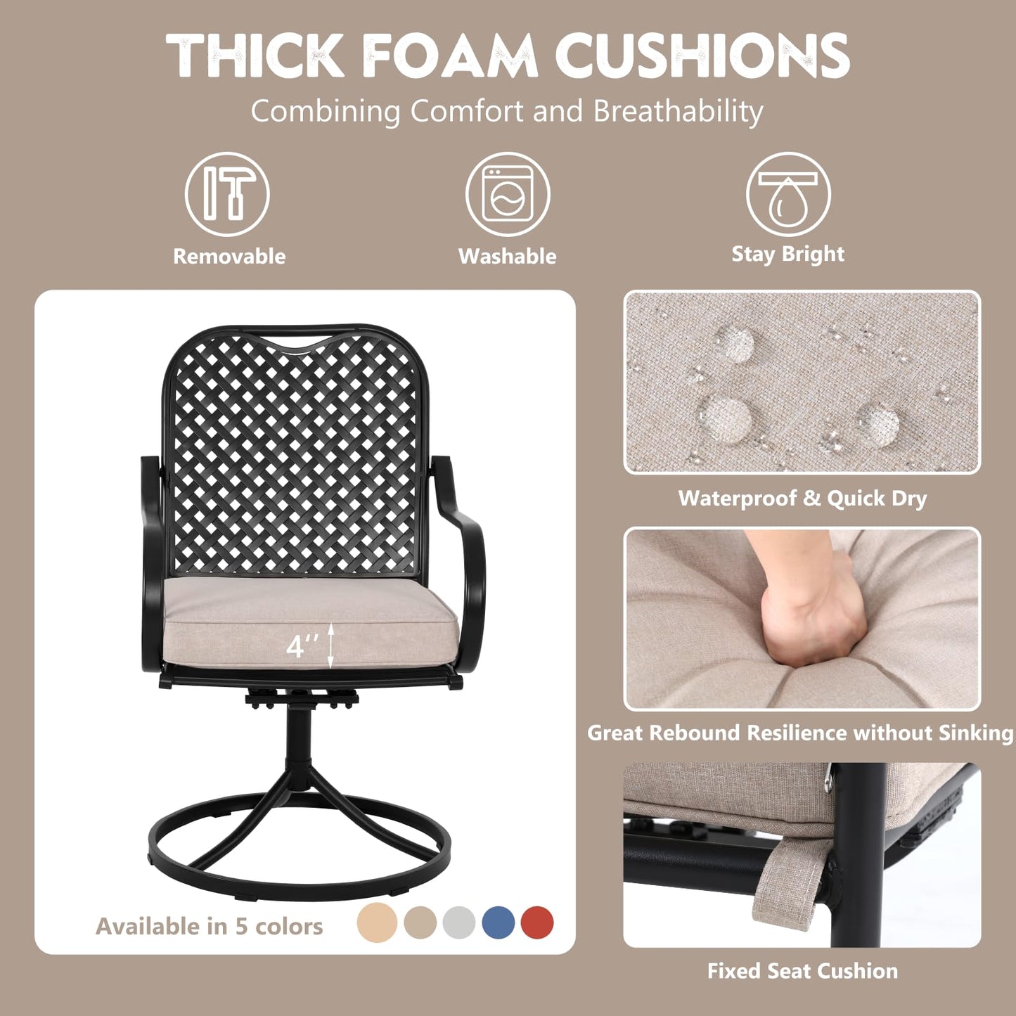 MELLCOM Patio Swivel Chair Set of 2, Heavy Duty Outdoor Dining Chairs with Thickened Cushions, Metal Patio Chairs Gentle Rocker for Outside, Garden & Porch, Backyard, Beige