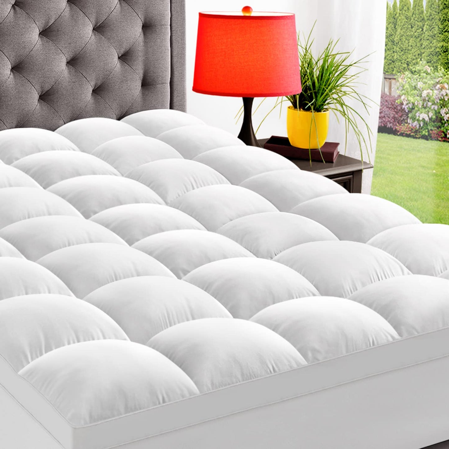 ELEMUSE King Mattress Topper for Back Pain, Extra Thick Mattress Pad Cover, Plush Soft Pillowtop with Elastic Deep Pocket, Overfilled Down Alternative Filling